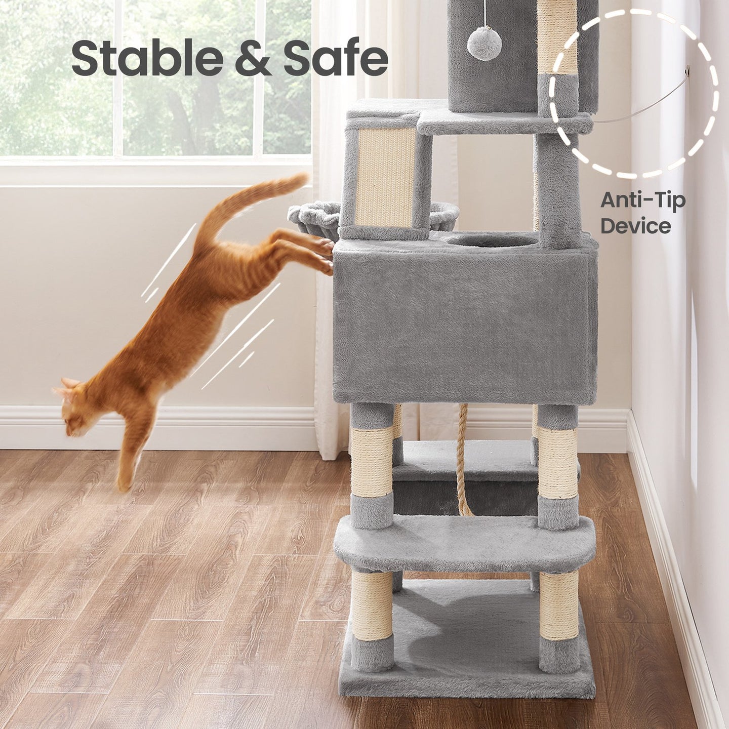 Large Cat Tree - Wood and Plush - Gray - with 13 Scratching Posts