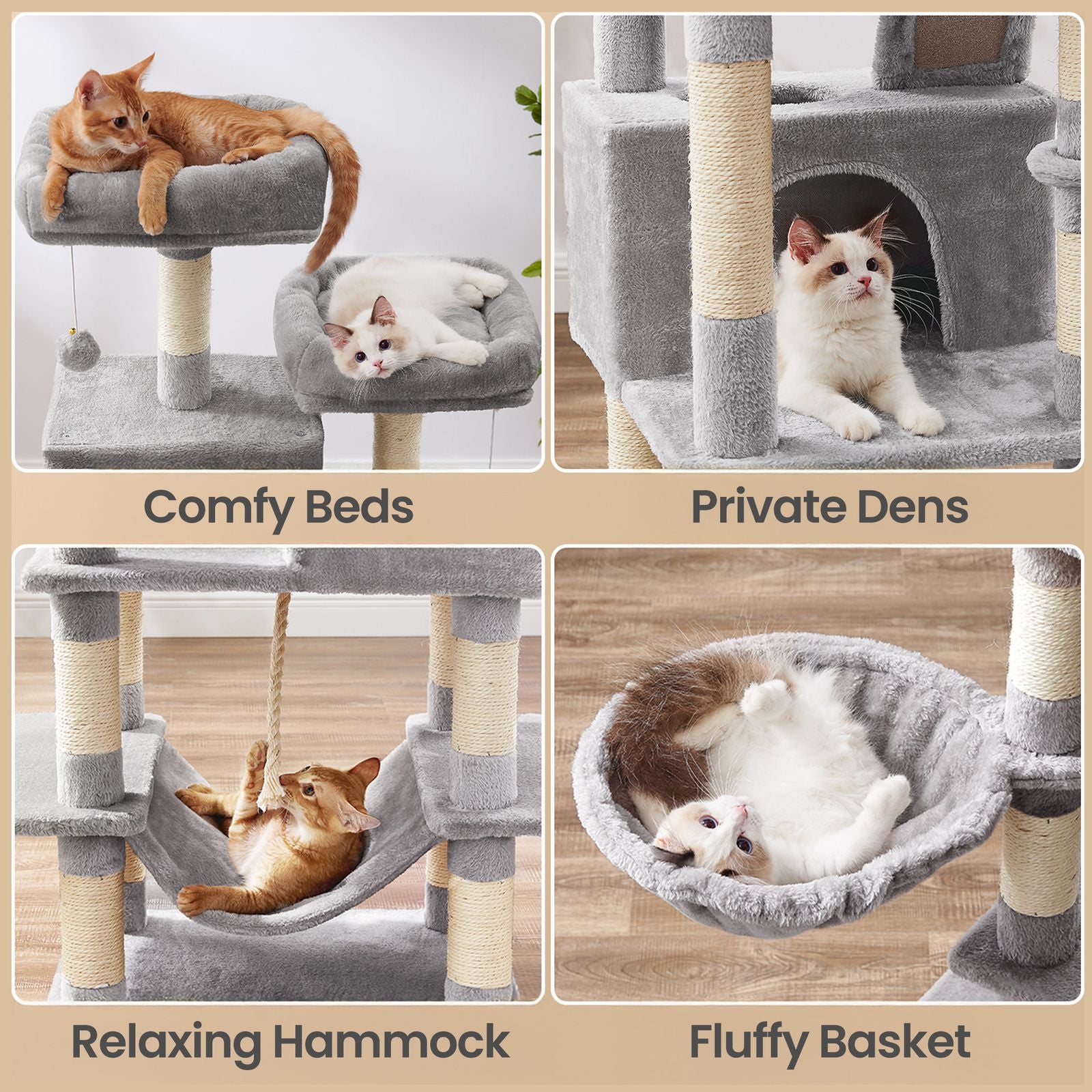 Large Cat Tree - Wood and Plush - Gray - with 13 Scratching Posts