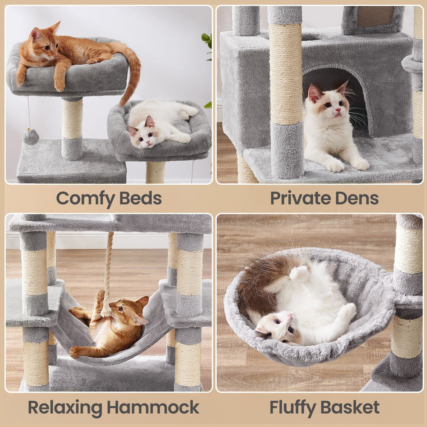 Large Cat Tree - Wood and Plush - Gray - with 13 Scratching Posts
