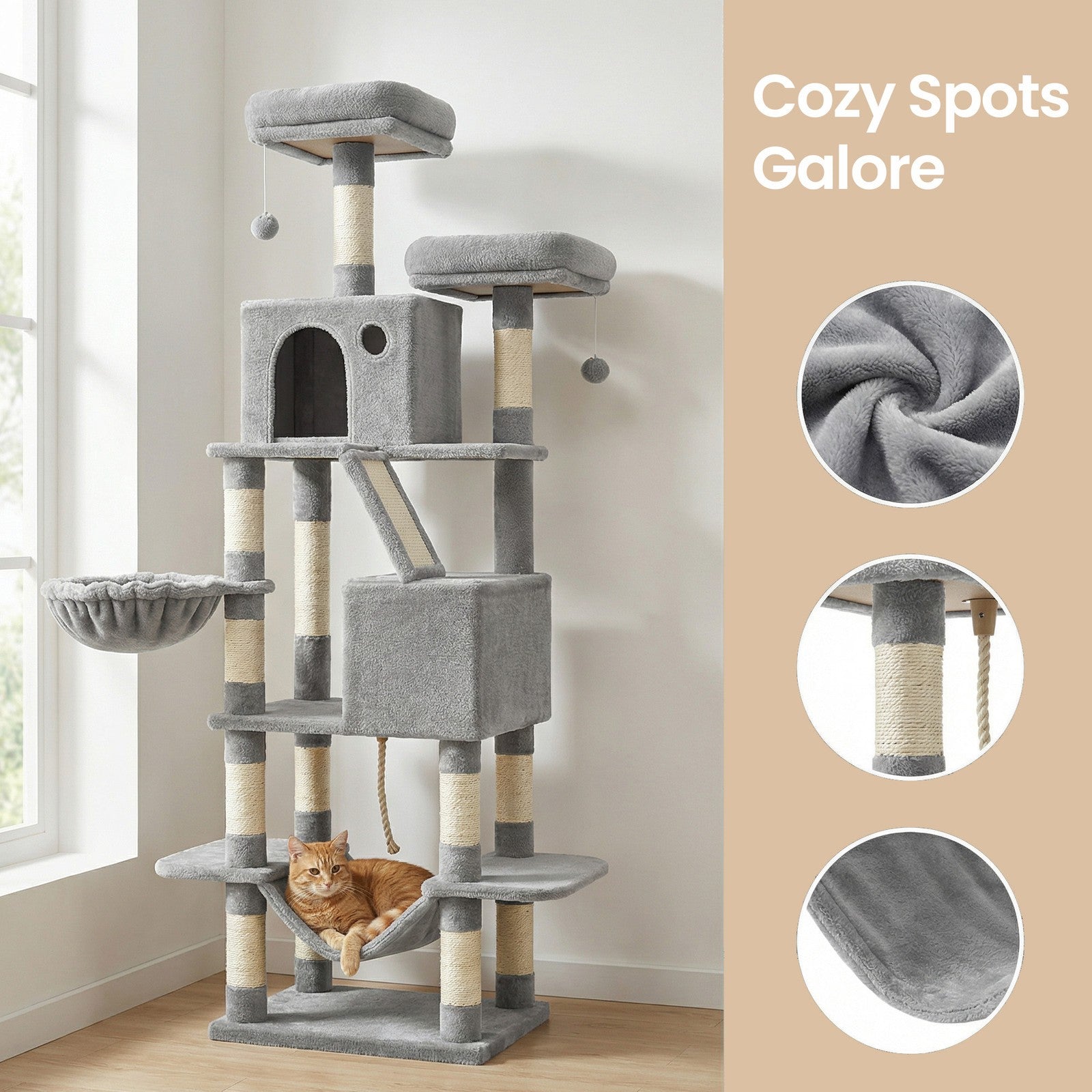 Large Cat Tree - Wood and Plush - Gray - with 13 Scratching Posts