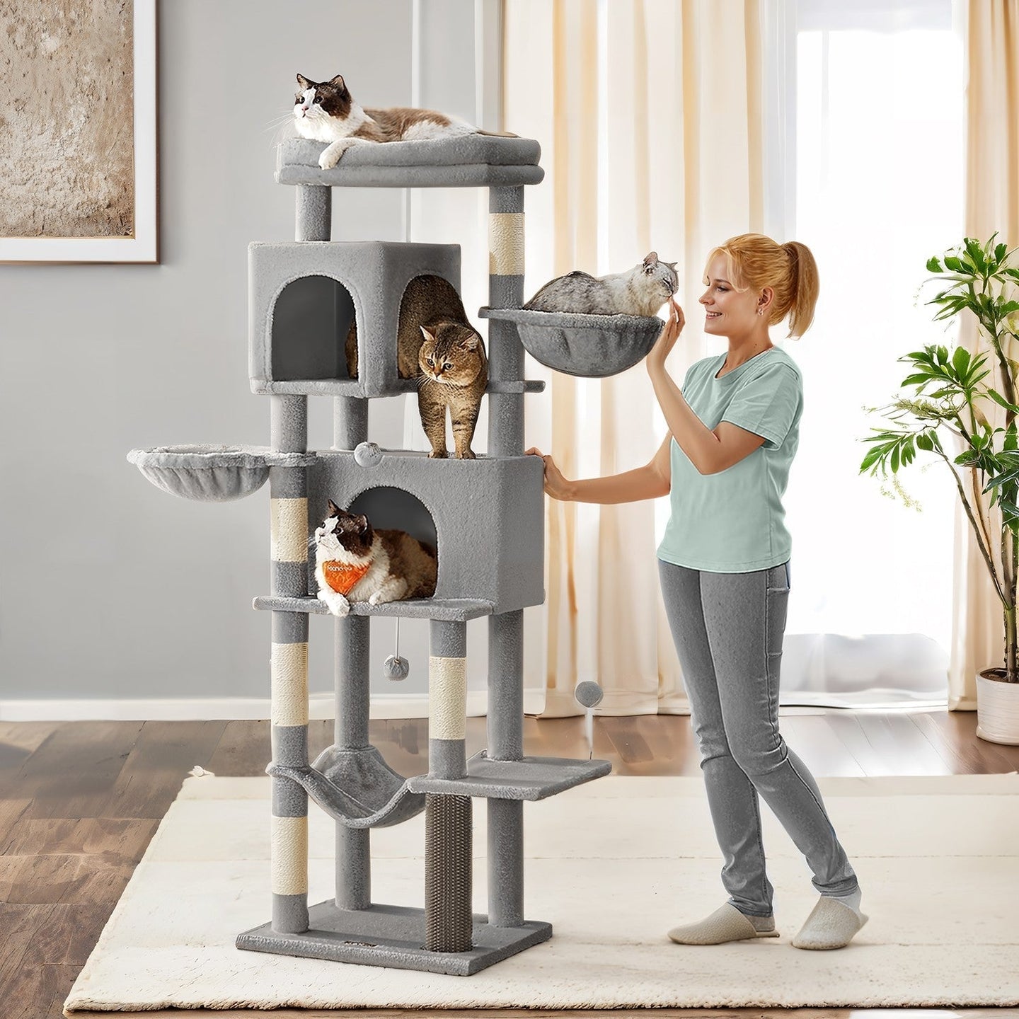Large Cat Tree - Engineered Wood - Dark Gray - Multi-Level with 2 Caves and 5 Scratching Posts