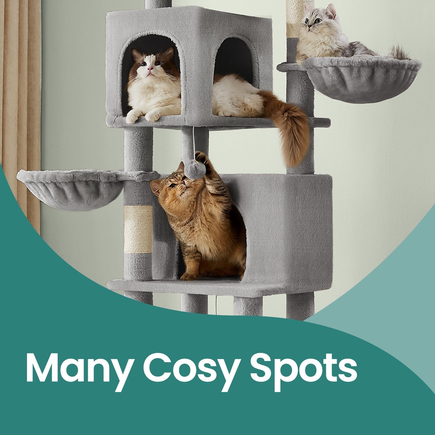 Large Cat Tree - Engineered Wood - Dark Gray - Multi-Level with 2 Caves and 5 Scratching Posts