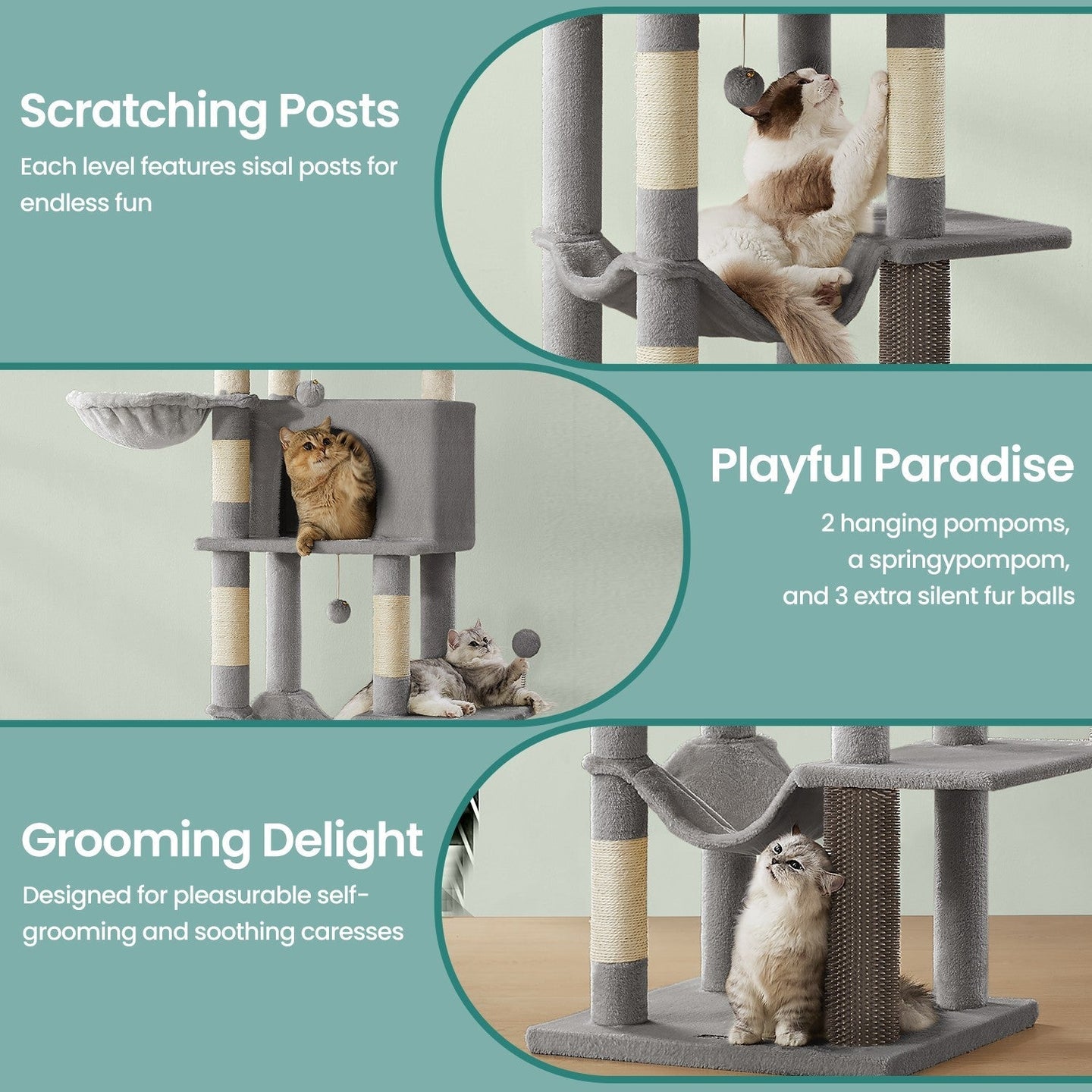 Large Cat Tree - Engineered Wood - Dark Gray - Multi-Level with 2 Caves and 5 Scratching Posts