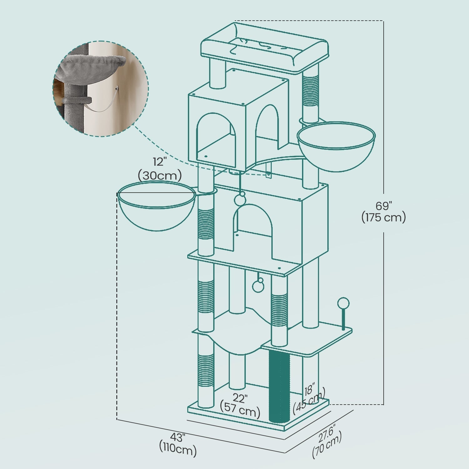 Large Cat Tree - Engineered Wood - Dark Gray - Multi-Level with 2 Caves and 5 Scratching Posts