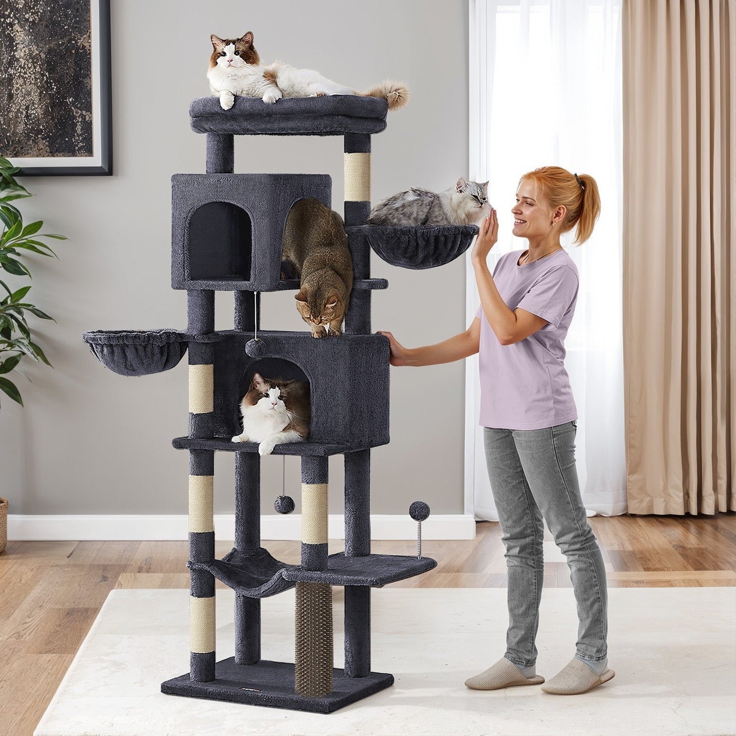 Large Cat Tree - Engineered Wood - Dark Gray - Multi-Level with 2 Caves and 5 Scratching Posts
