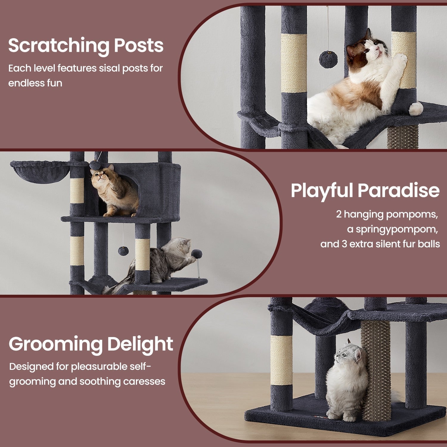 Large Cat Tree - Engineered Wood - Dark Gray - Multi-Level with 2 Caves and 5 Scratching Posts