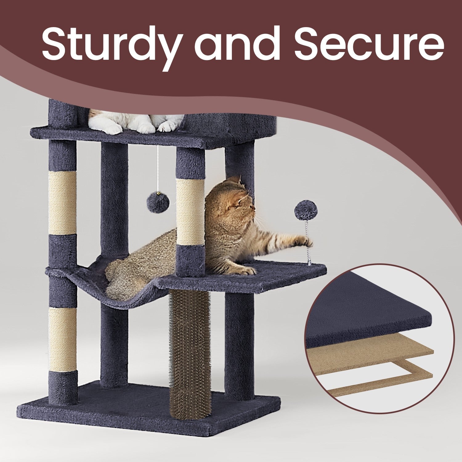 Large Cat Tree - Engineered Wood - Dark Gray - Multi-Level with 2 Caves and 5 Scratching Posts