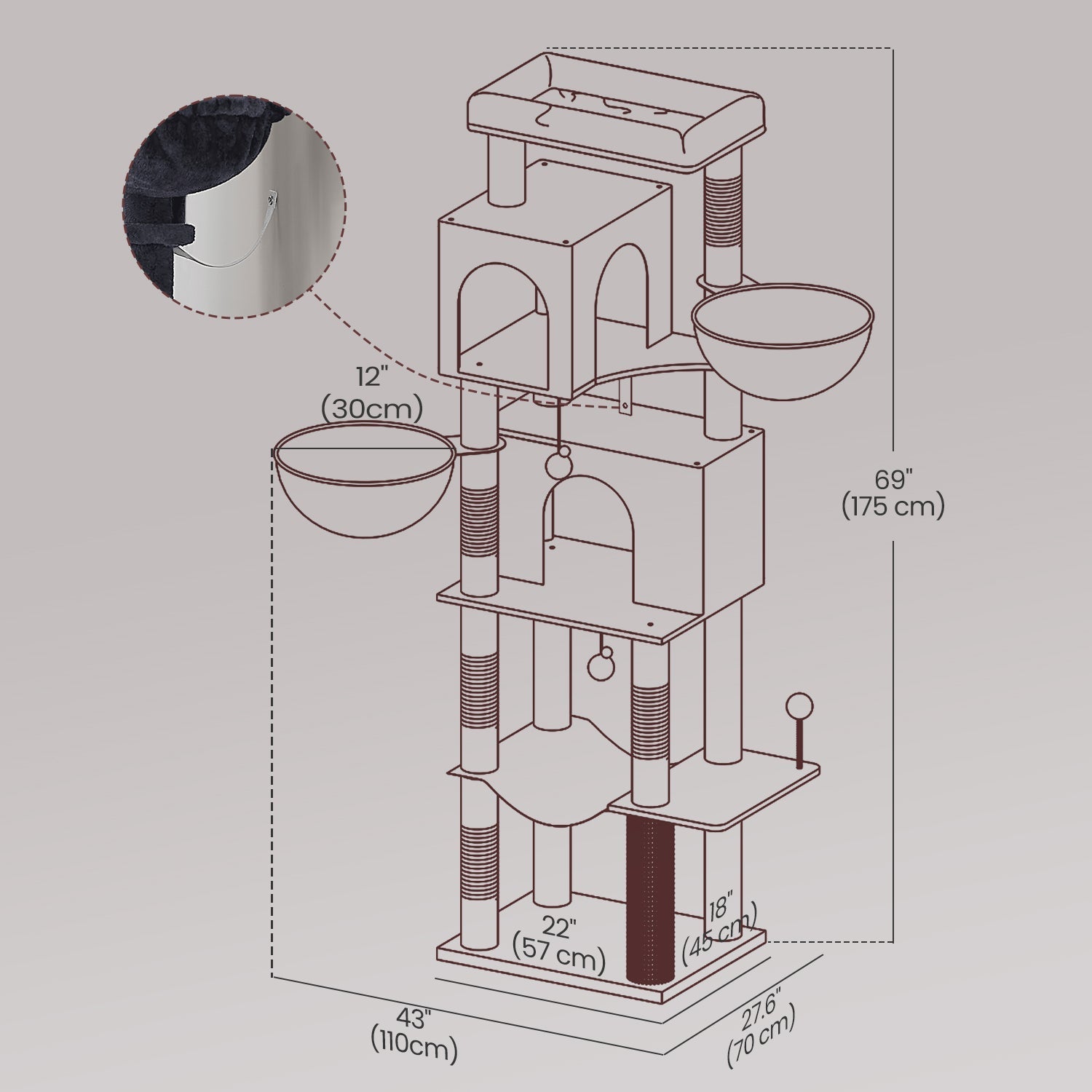 Large Cat Tree - Engineered Wood - Dark Gray - Multi-Level with 2 Caves and 5 Scratching Posts
