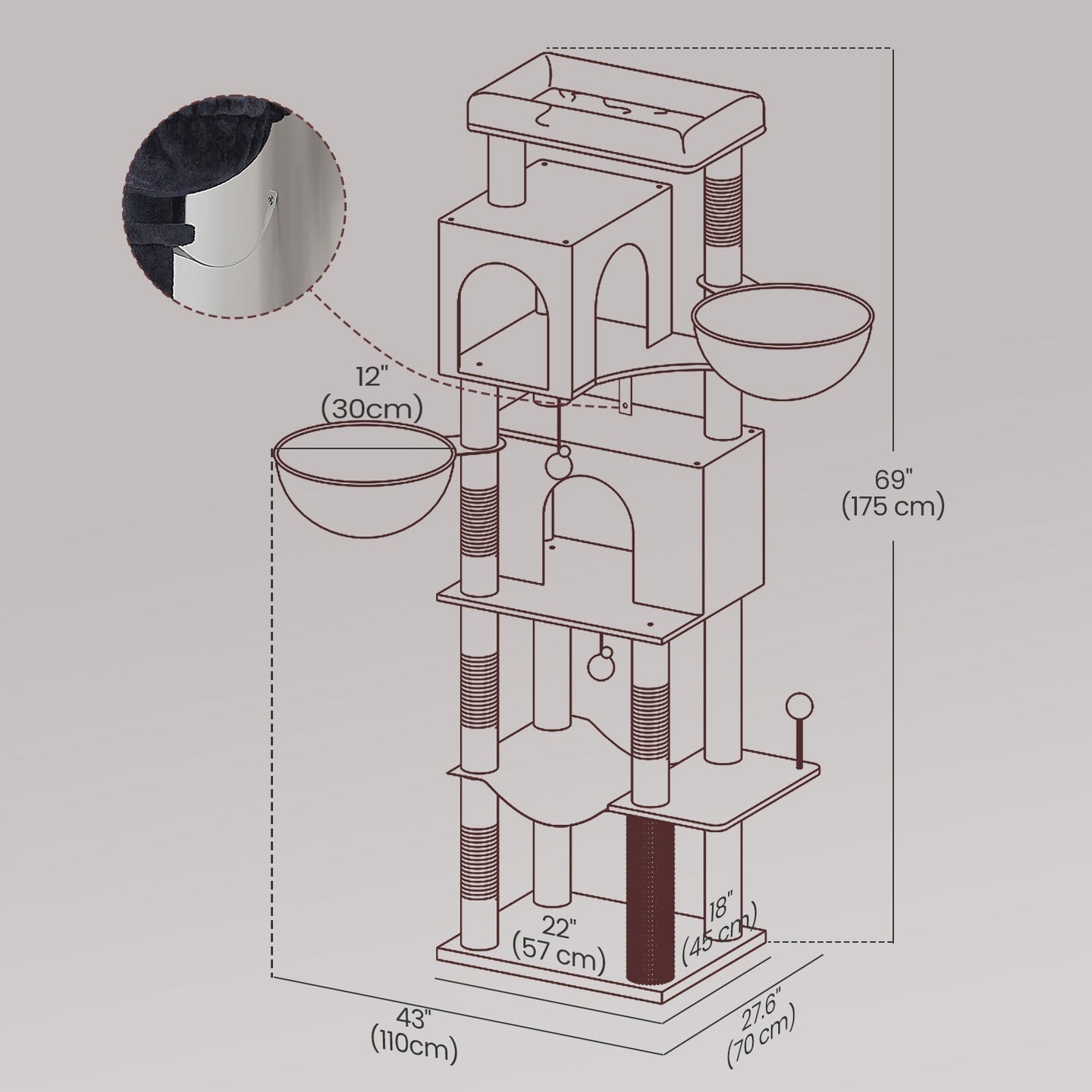 Large Cat Tree - Engineered Wood - Dark Gray - Multi-Level with 2 Caves and 5 Scratching Posts