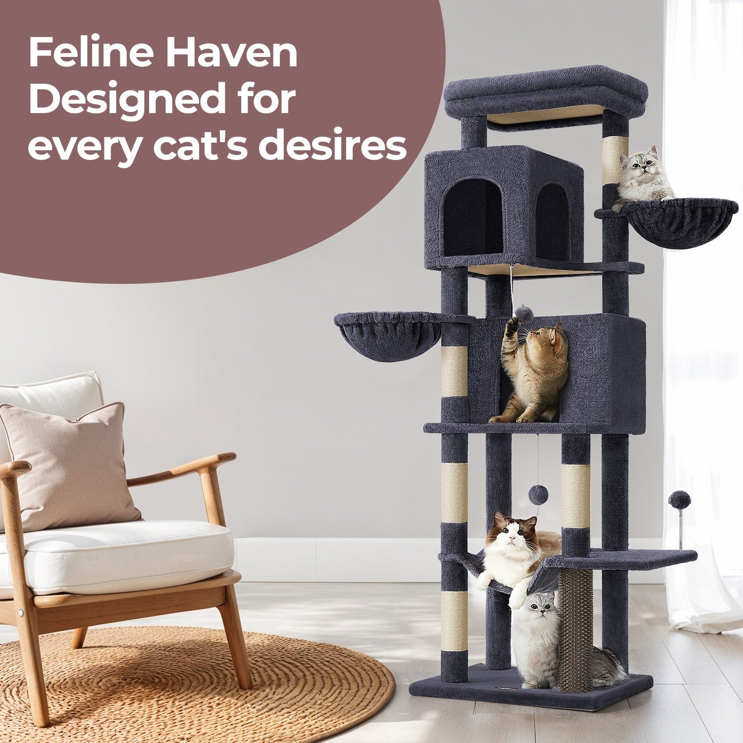 Large Cat Tree - Engineered Wood - Dark Gray - Multi-Level with 2 Caves and 5 Scratching Posts