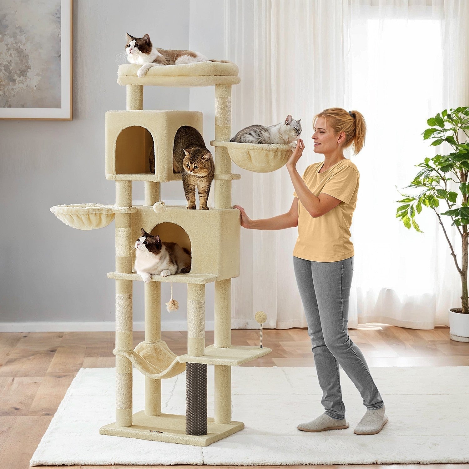 Large Cat Tree - Engineered Wood - Dark Gray - Multi-Level with 2 Caves and 5 Scratching Posts