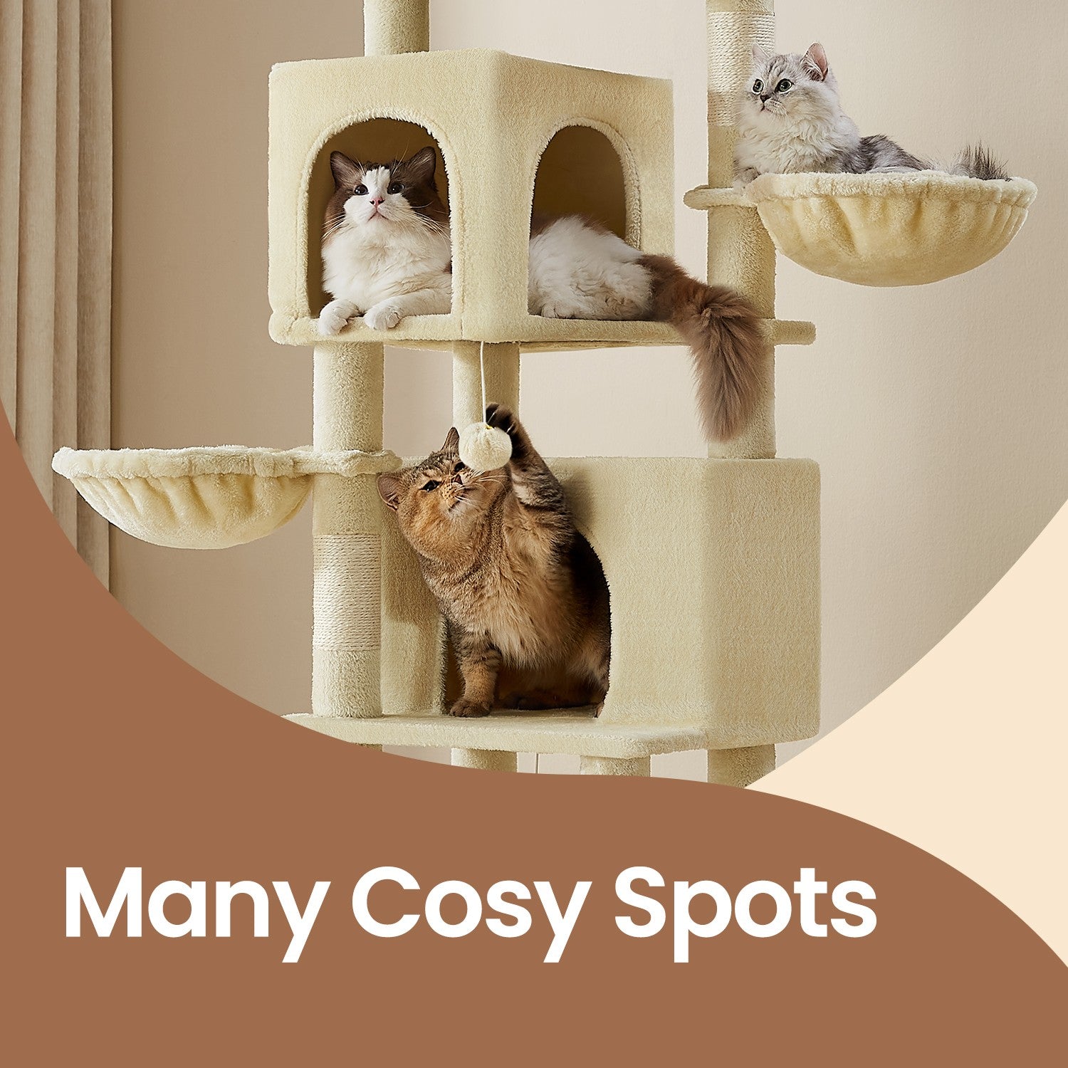 Large Cat Tree - Engineered Wood - Dark Gray - Multi-Level with 2 Caves and 5 Scratching Posts