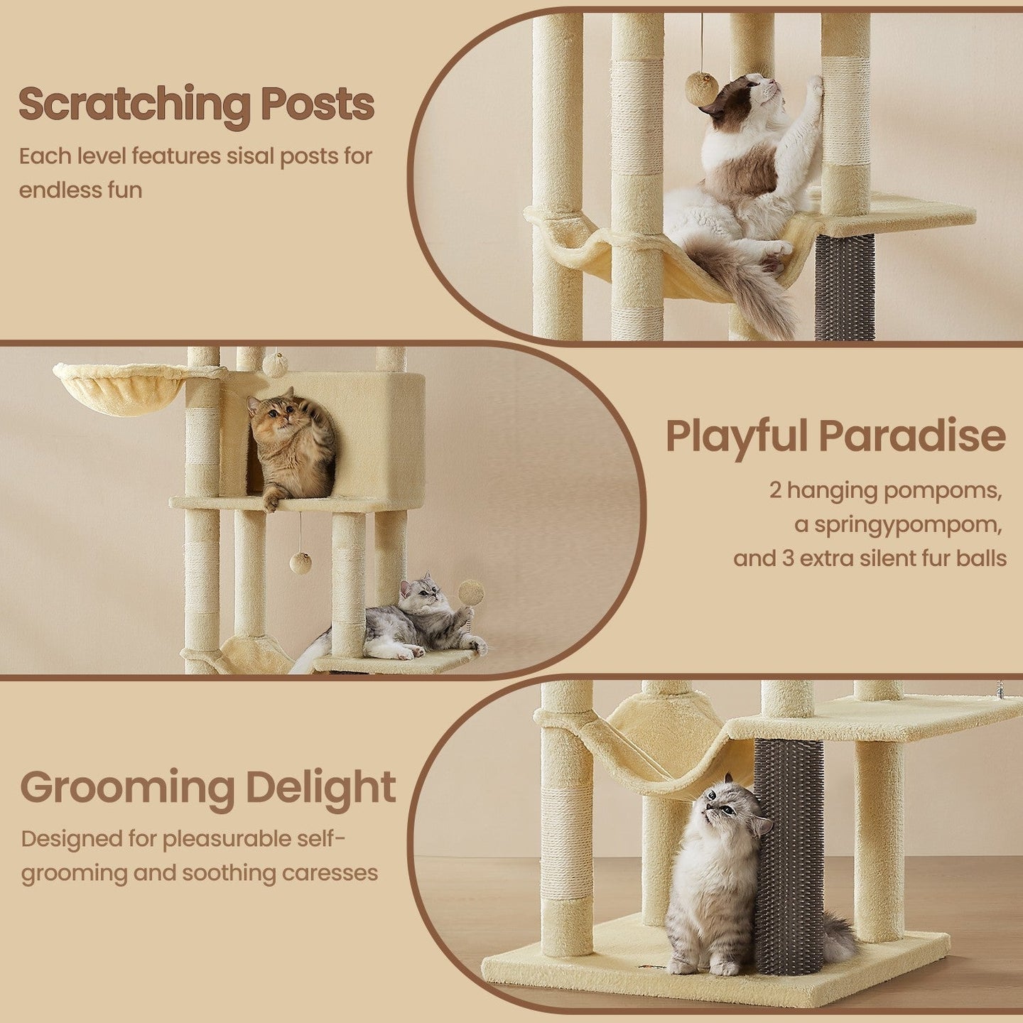 Large Cat Tree - Engineered Wood - Dark Gray - Multi-Level with 2 Caves and 5 Scratching Posts