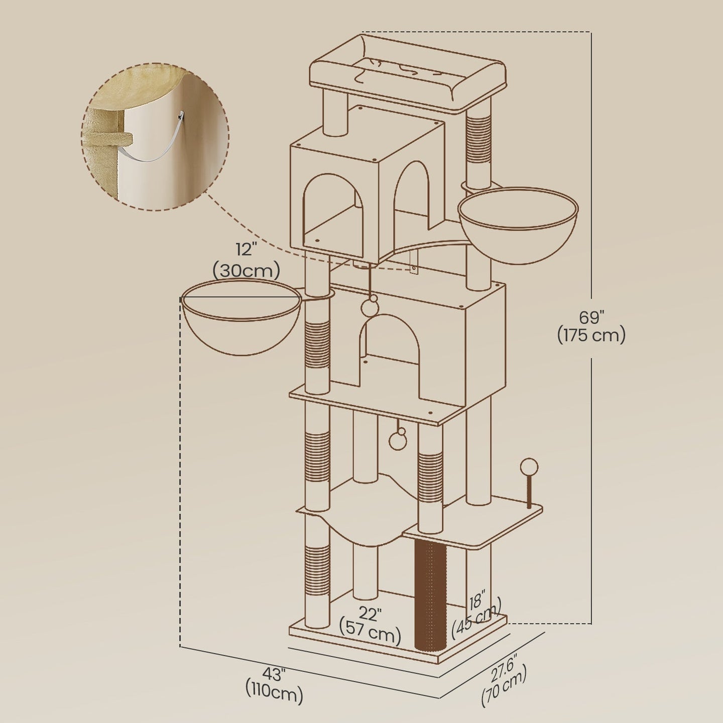 Large Cat Tree - Engineered Wood - Dark Gray - Multi-Level with 2 Caves and 5 Scratching Posts