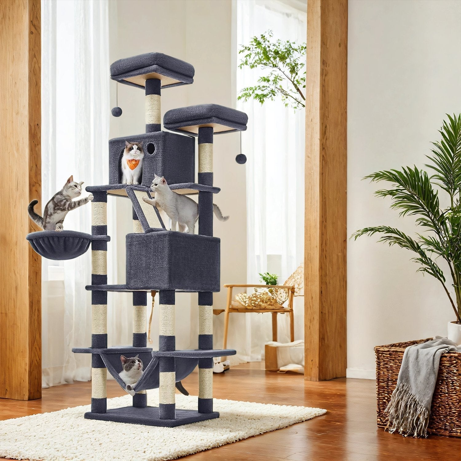 Cat Tree Tower - MDF - Dark Grey - Includes 13 Scratching Posts