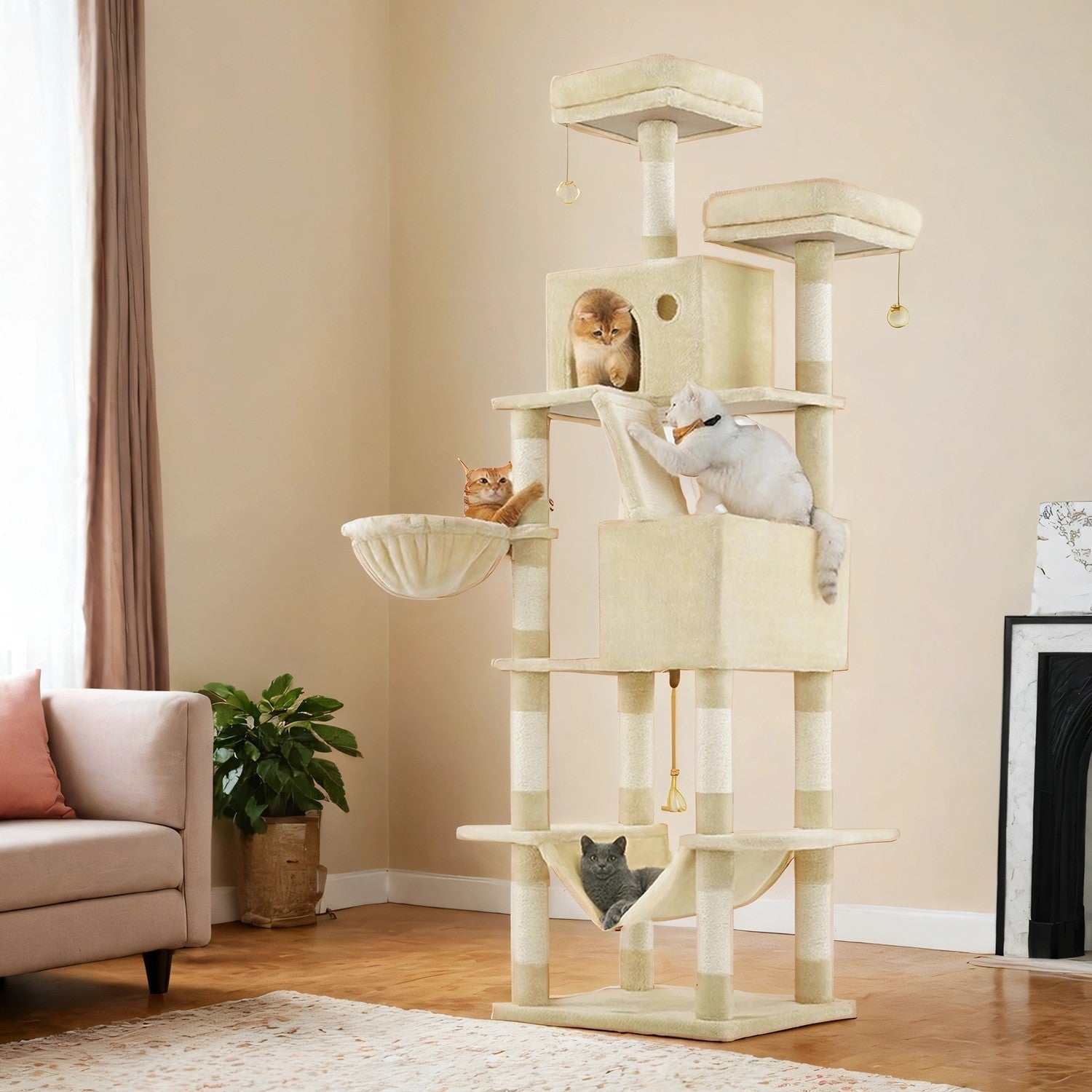Cat Tree Tower - Engineered Wood - Beige - Large with 13 Scratching Posts