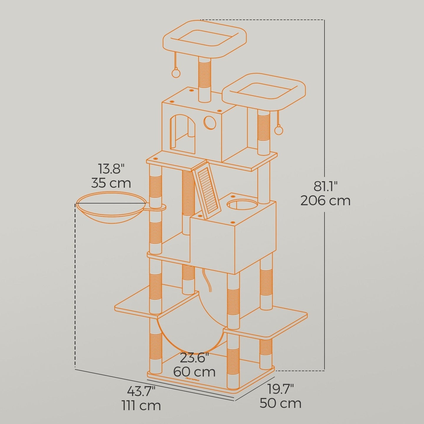 Cat Tree Tower - Engineered Wood - Beige - Large with 13 Scratching Posts