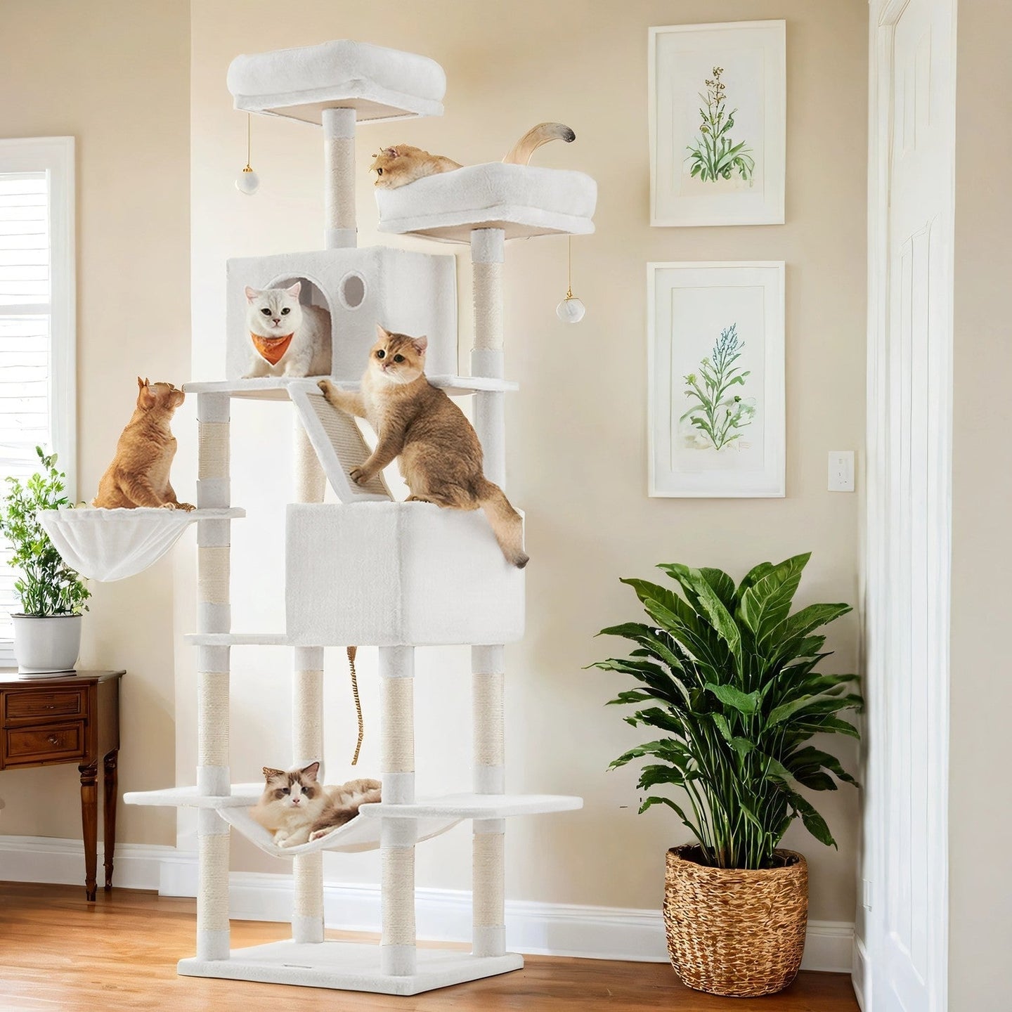 XL Cat Tree Tower - Engineered Wood - Cream White - 13 Scratching Posts