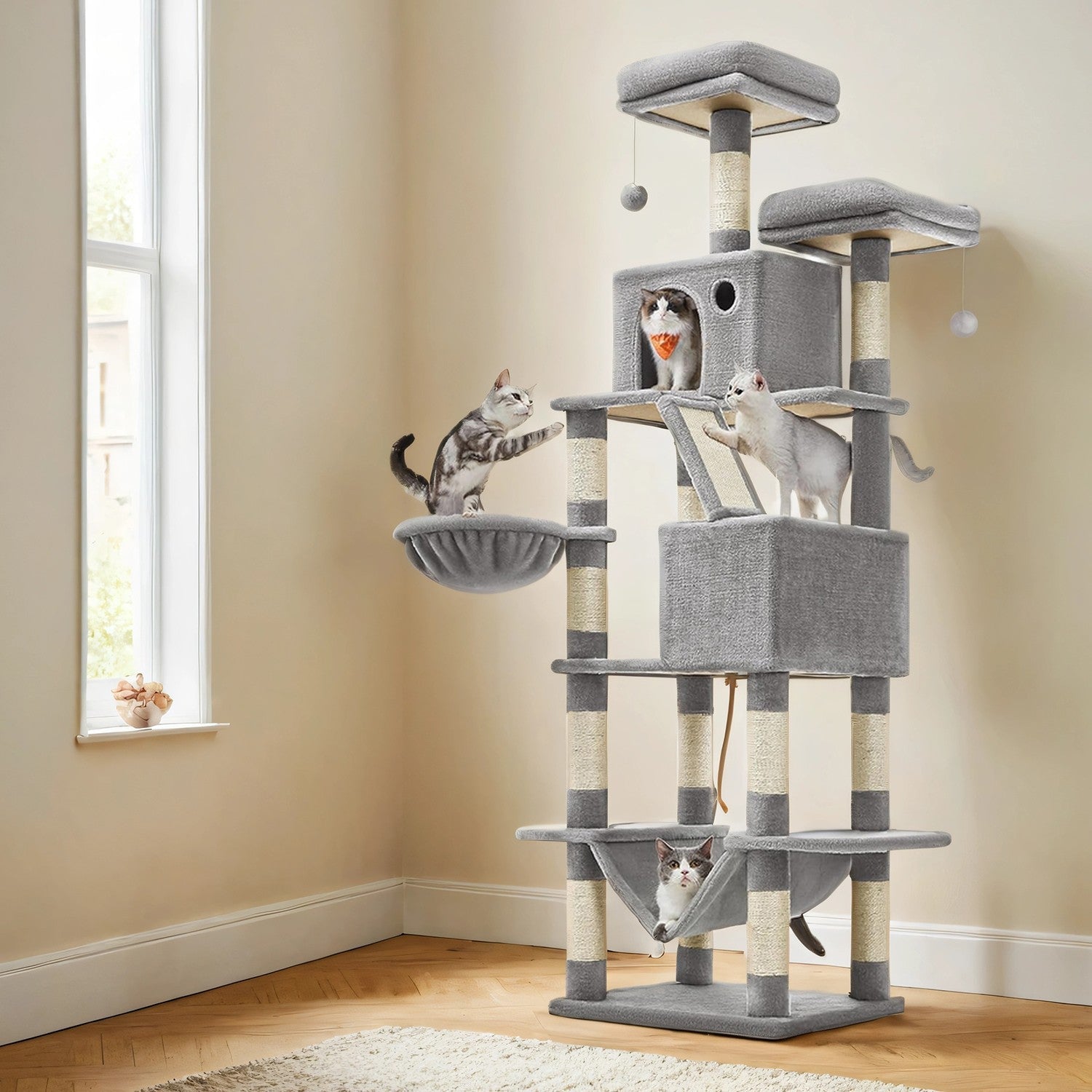 XL Cat Tree Tower - Wood - Light Grey - 13 Scratching Posts