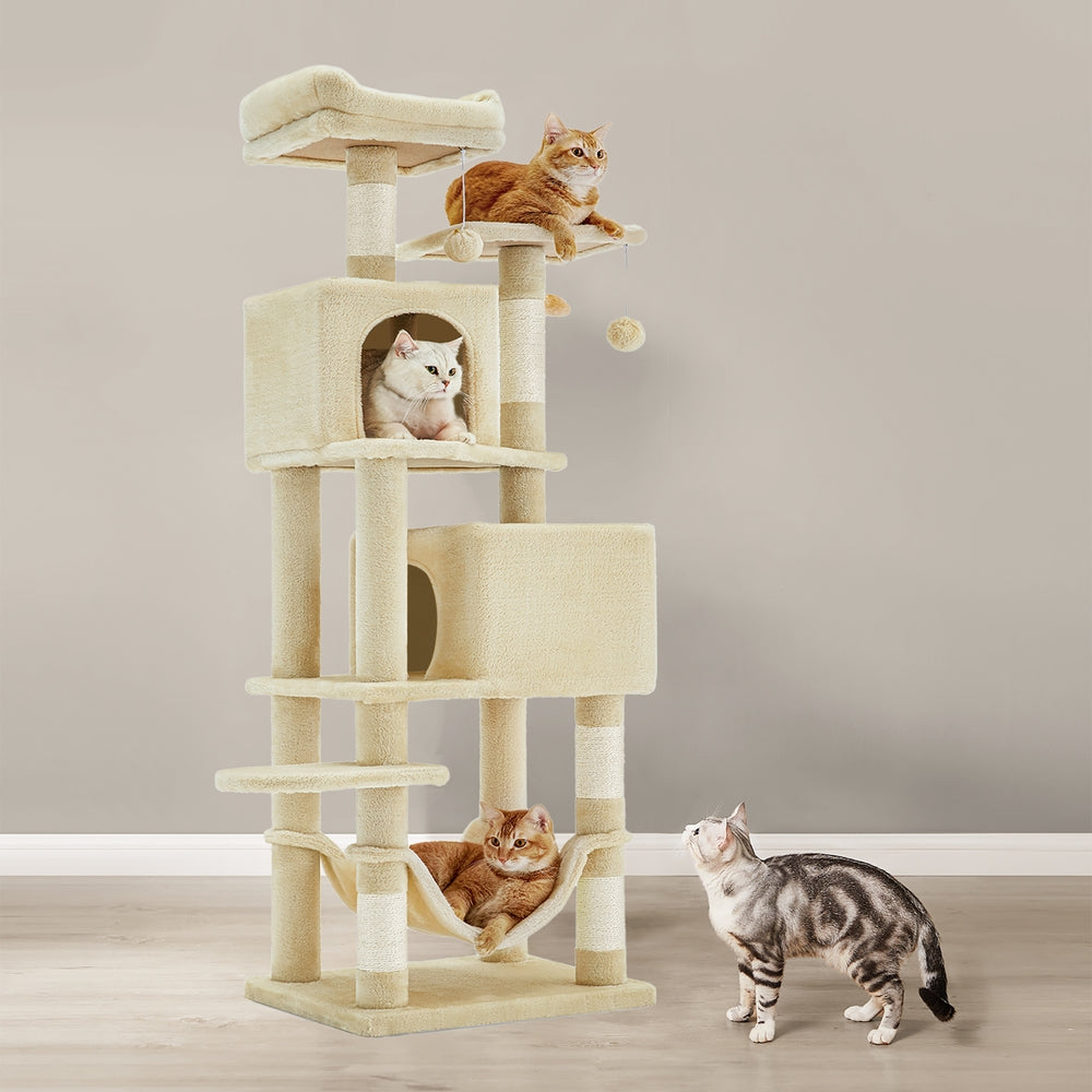 Cat Tower for Indoor Cats - Wood and Plush - Beige