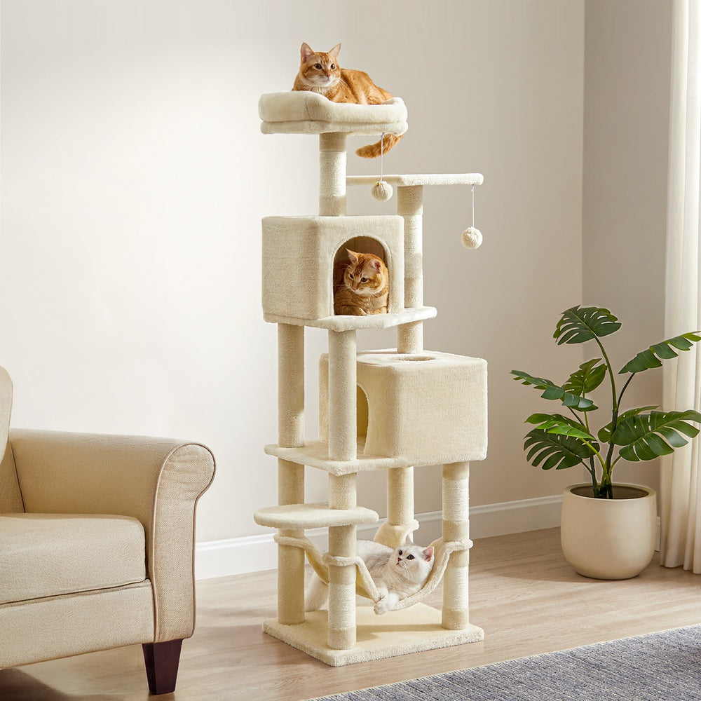 Cat Tower for Indoor Cats - Wood and Plush - Beige