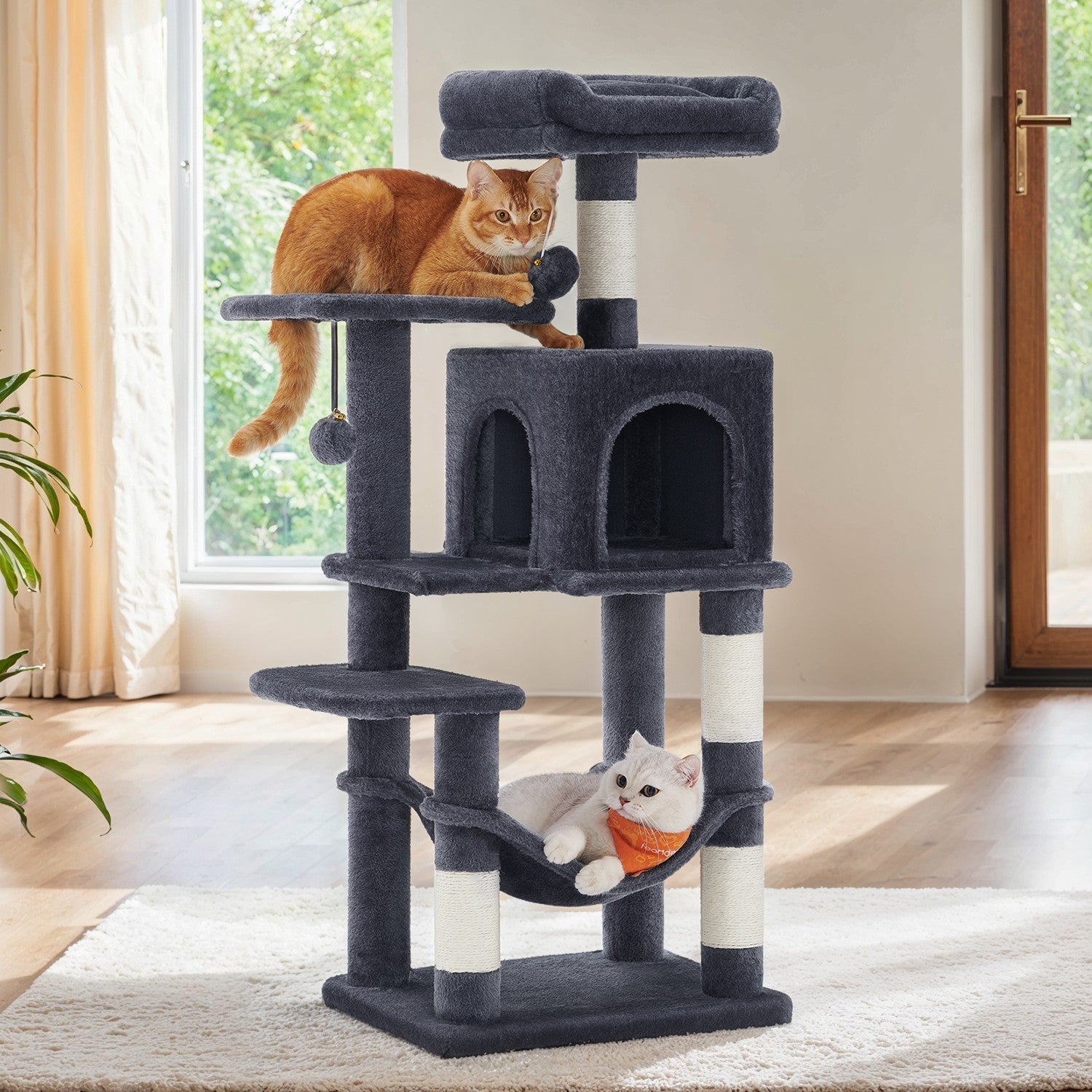 Multi-Level Cat Tree - Engineered Wood - Light Gray - Includes 4 Scratching Posts and Hammock
