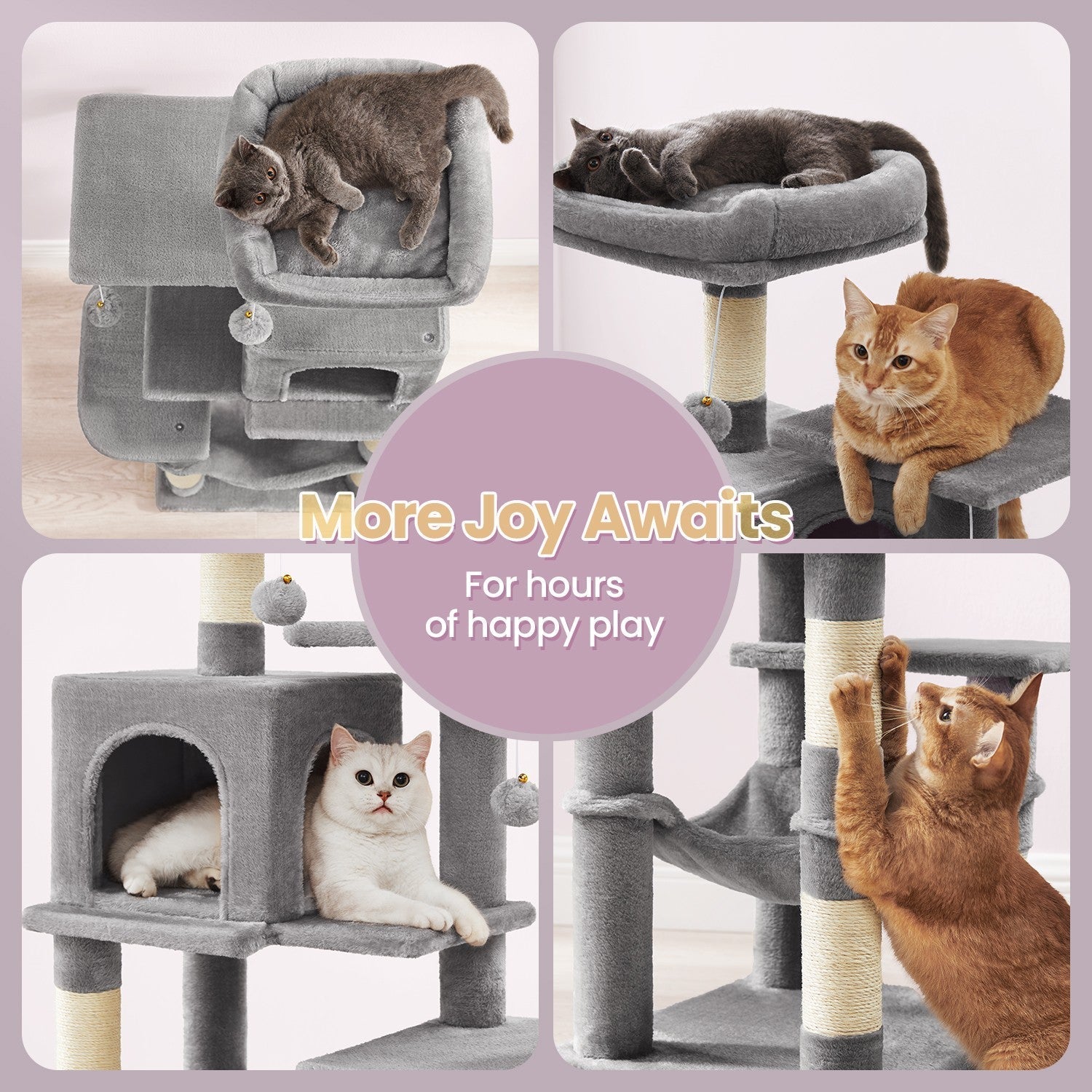 Multi-Level Cat Tree - Engineered Wood - Light Gray - Includes 4 Scratching Posts and Hammock