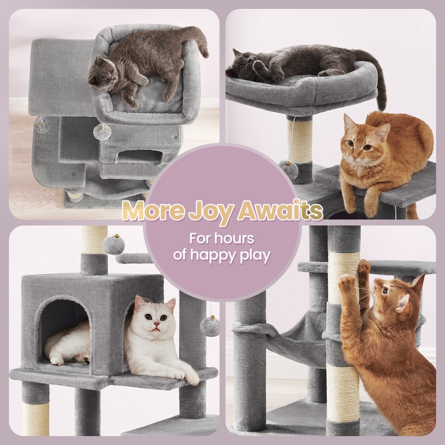 Multi-Level Cat Tree - Engineered Wood - Light Gray - Includes 4 Scratching Posts and Hammock