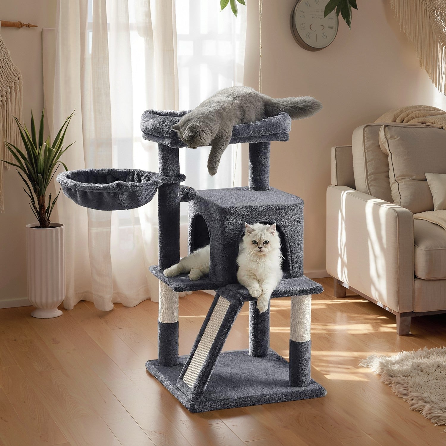 Cat Tree - Engineered Wood - Light Grey - Widened Perch for Large Cats