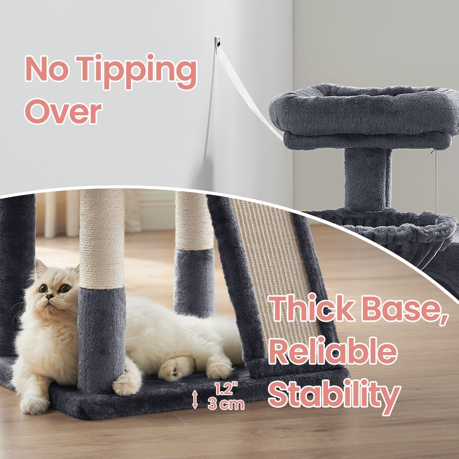 Cat Tree - Engineered Wood - Light Grey - Widened Perch for Large Cats