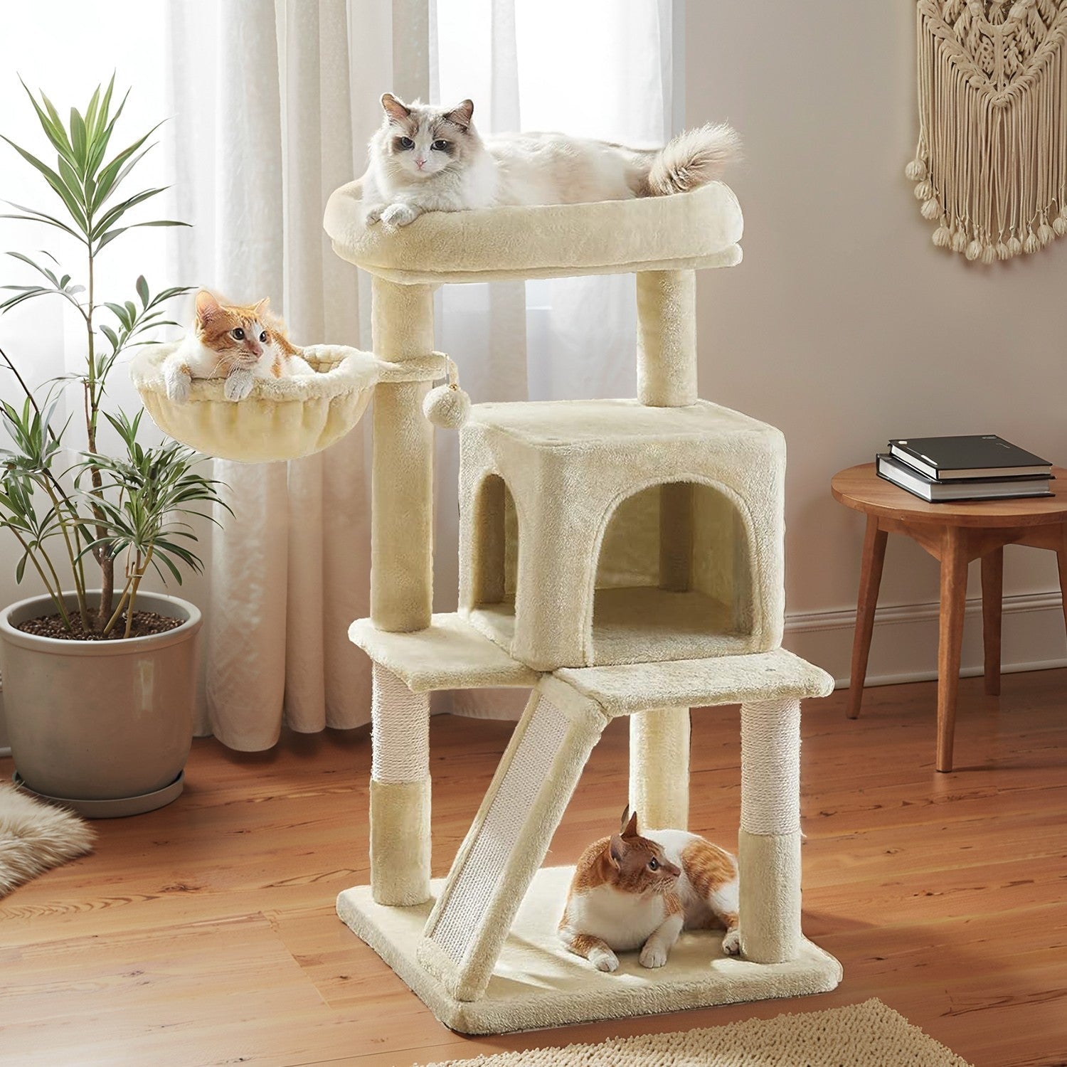 Cat Tree - Engineered Wood - Light Grey - Widened Perch for Large Cats