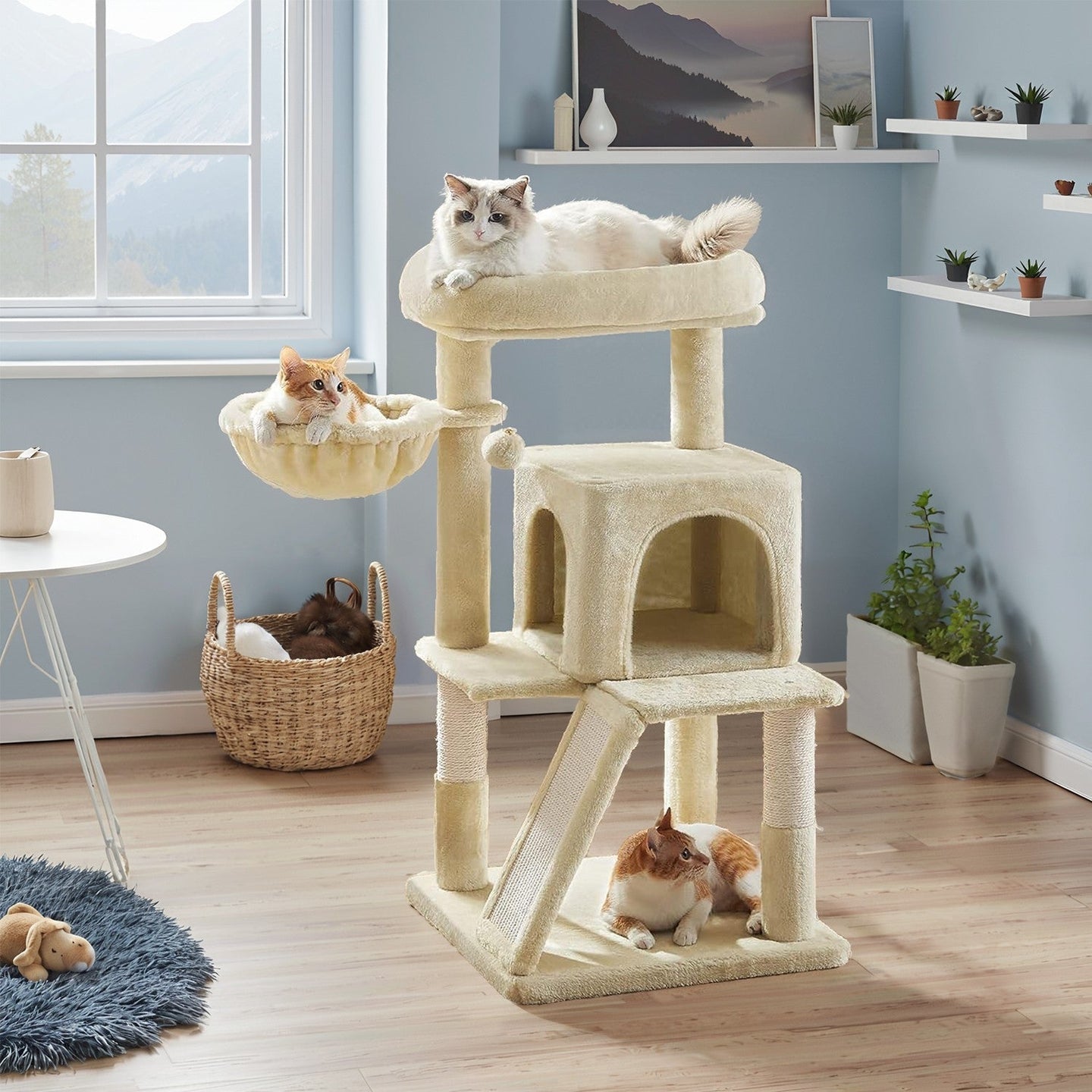Cat Tree - Engineered Wood - Light Grey - Widened Perch for Large Cats
