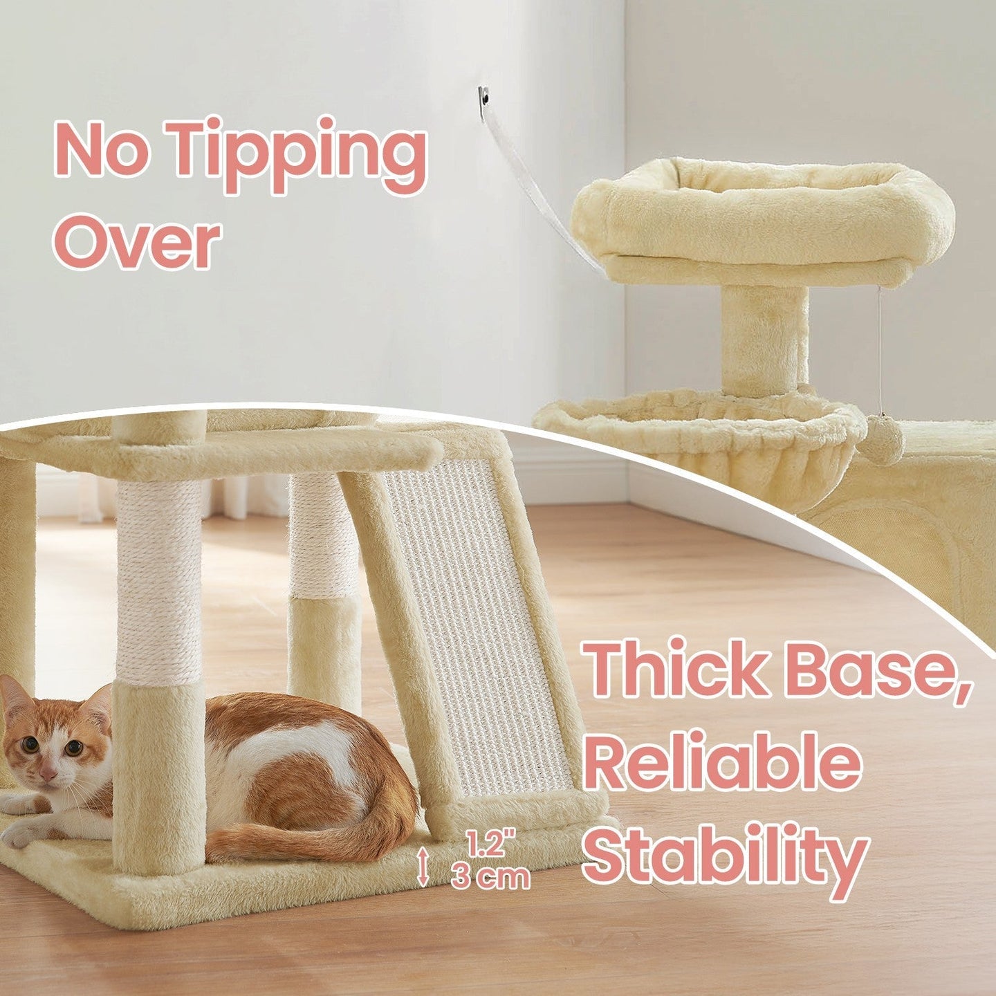 Cat Tree - Engineered Wood - Light Grey - Widened Perch for Large Cats