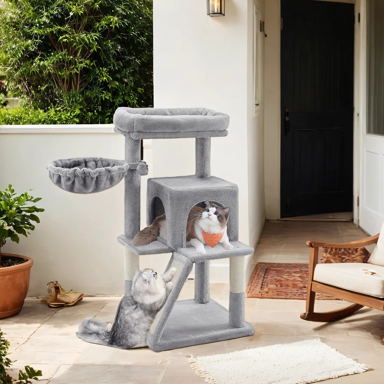 Cat Tree Tower - Engineered Wood - Light Grey - Includes Sisal Scratching Posts