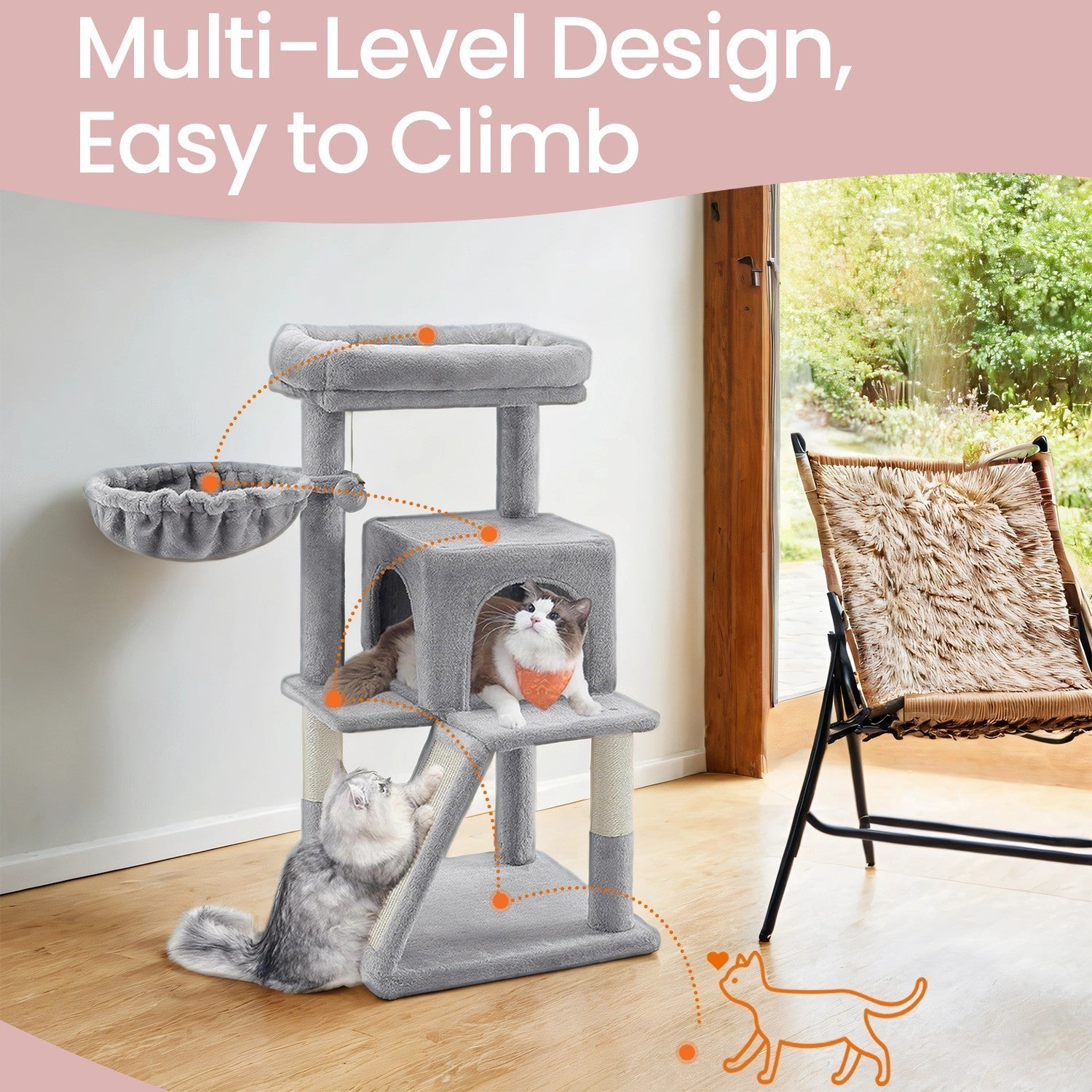 Cat Tree Tower - Engineered Wood - Light Grey - Includes Sisal Scratching Posts