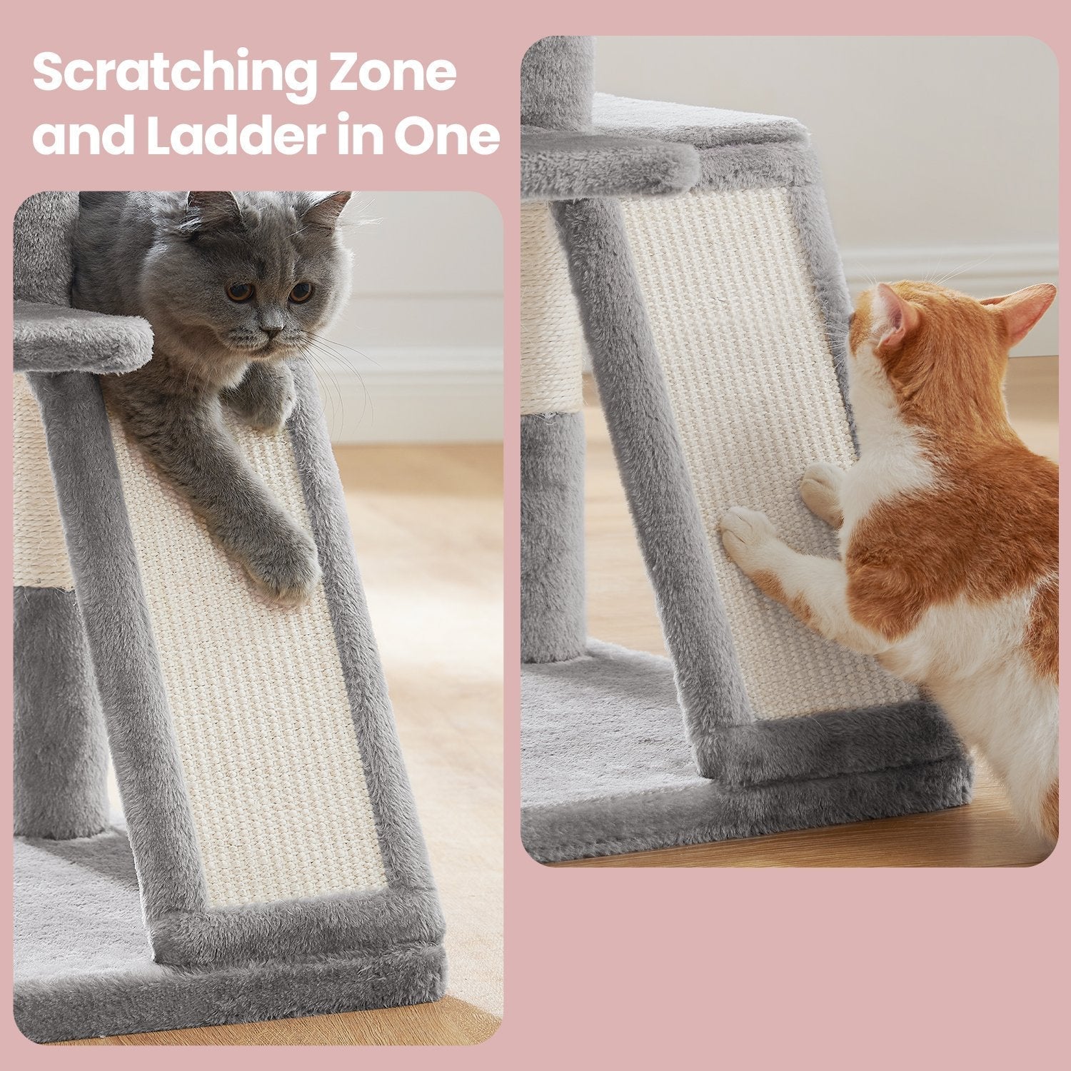 Cat Tree Tower - Engineered Wood - Light Grey - Includes Sisal Scratching Posts
