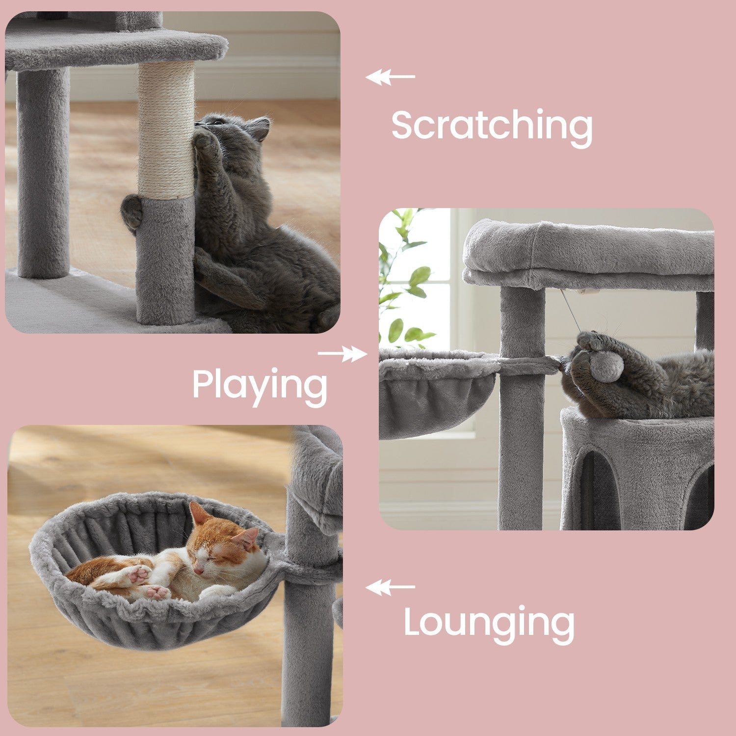 Cat Tree Tower - Engineered Wood - Light Grey - Includes Sisal Scratching Posts