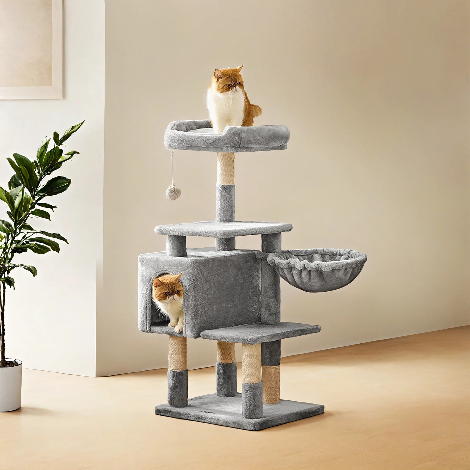 Cat Tree - Engineered Wood - Light Gray - Multilevel Design with Scratching Post