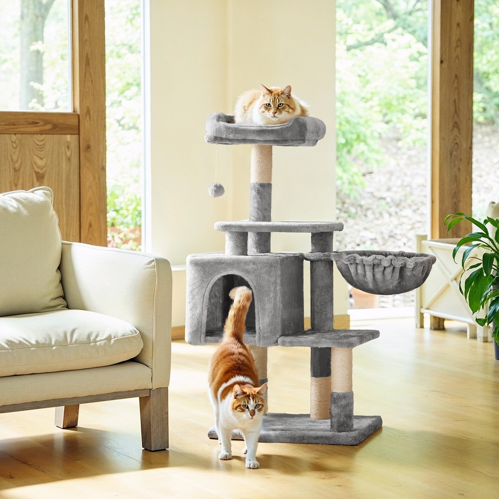 Cat Tree - Engineered Wood - Light Gray - Multilevel Design with Scratching Post