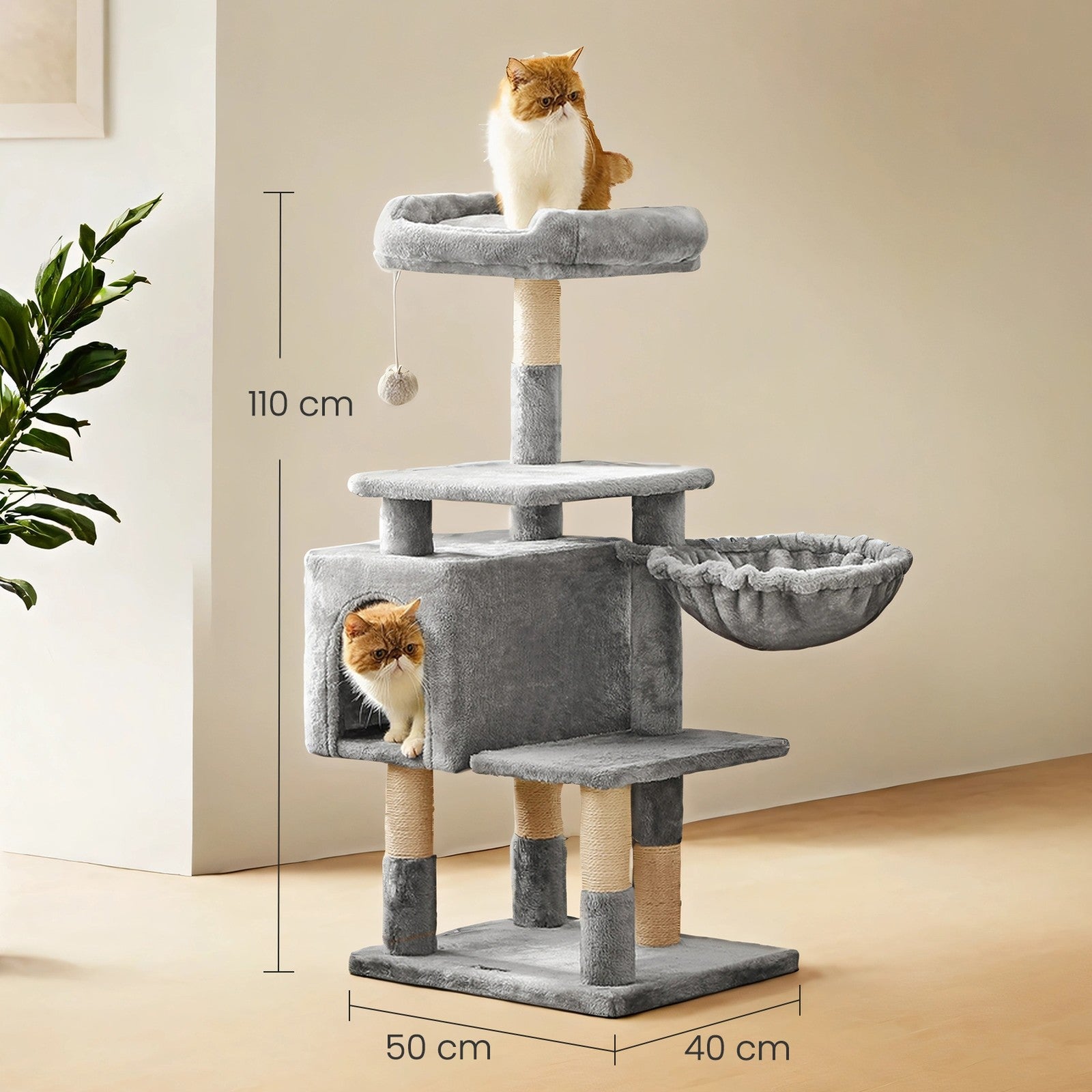 Cat Tree - Engineered Wood - Light Gray - Multilevel Design with Scratching Post