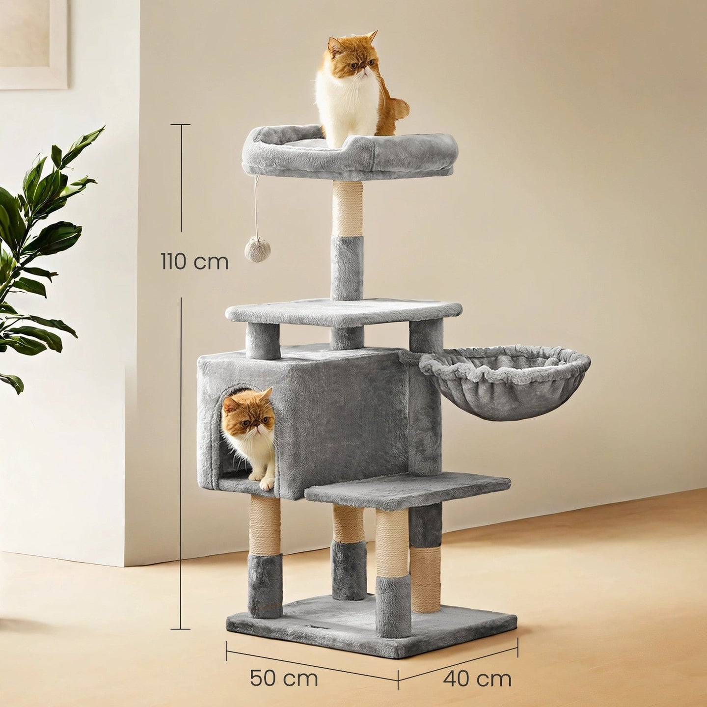 Cat Tree - Engineered Wood - Light Gray - Multilevel Design with Scratching Post