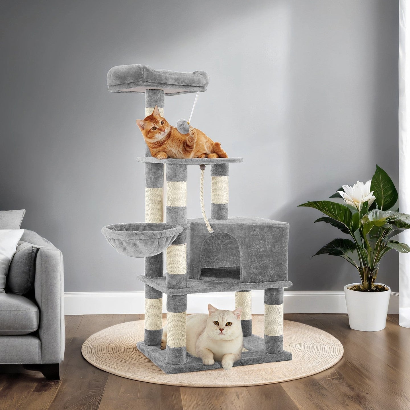 Cat Climbing Tower - Plush Fabric - Light Gray - Includes Condo and Play Basket
