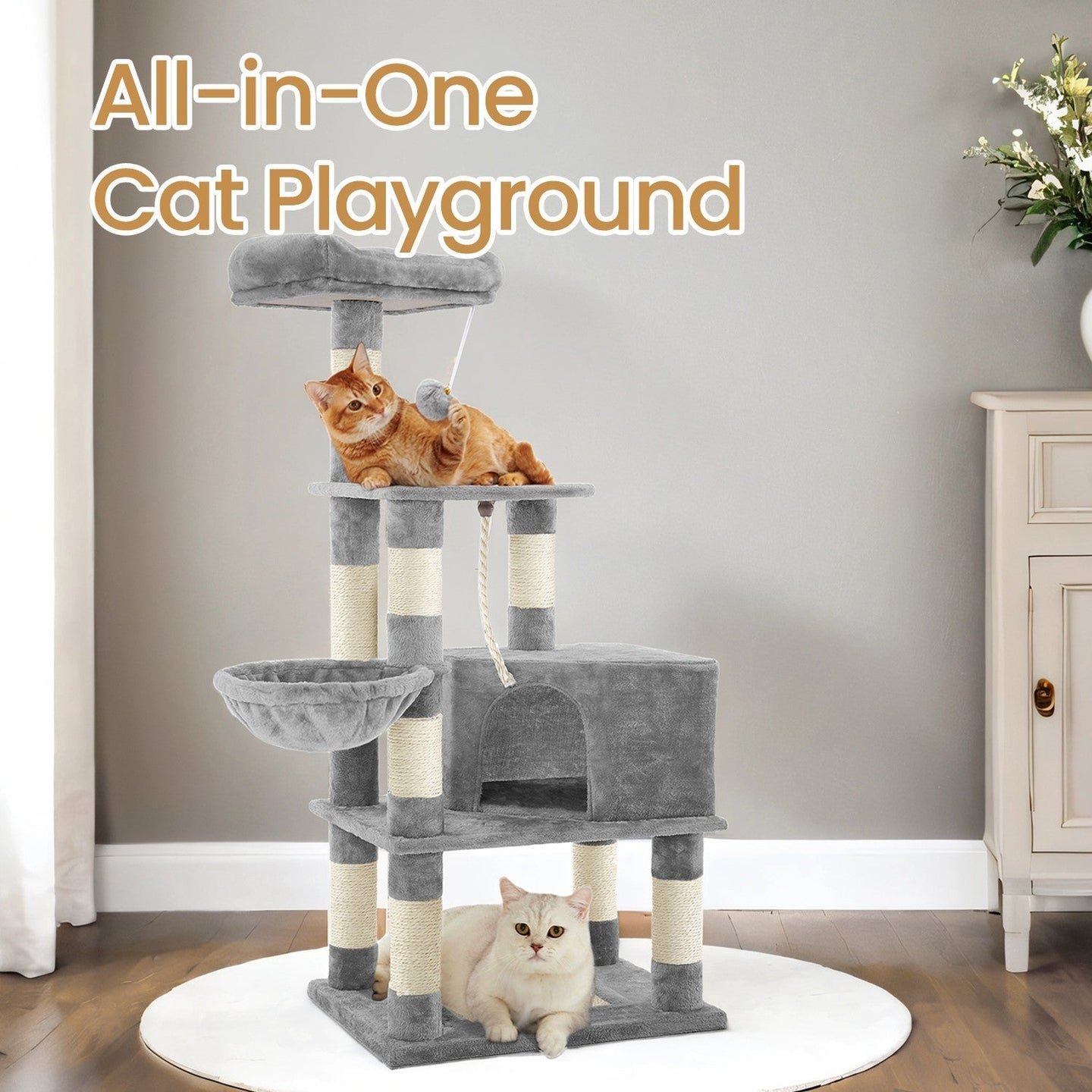 Cat Climbing Tower - Plush Fabric - Light Gray - Includes Condo and Play Basket