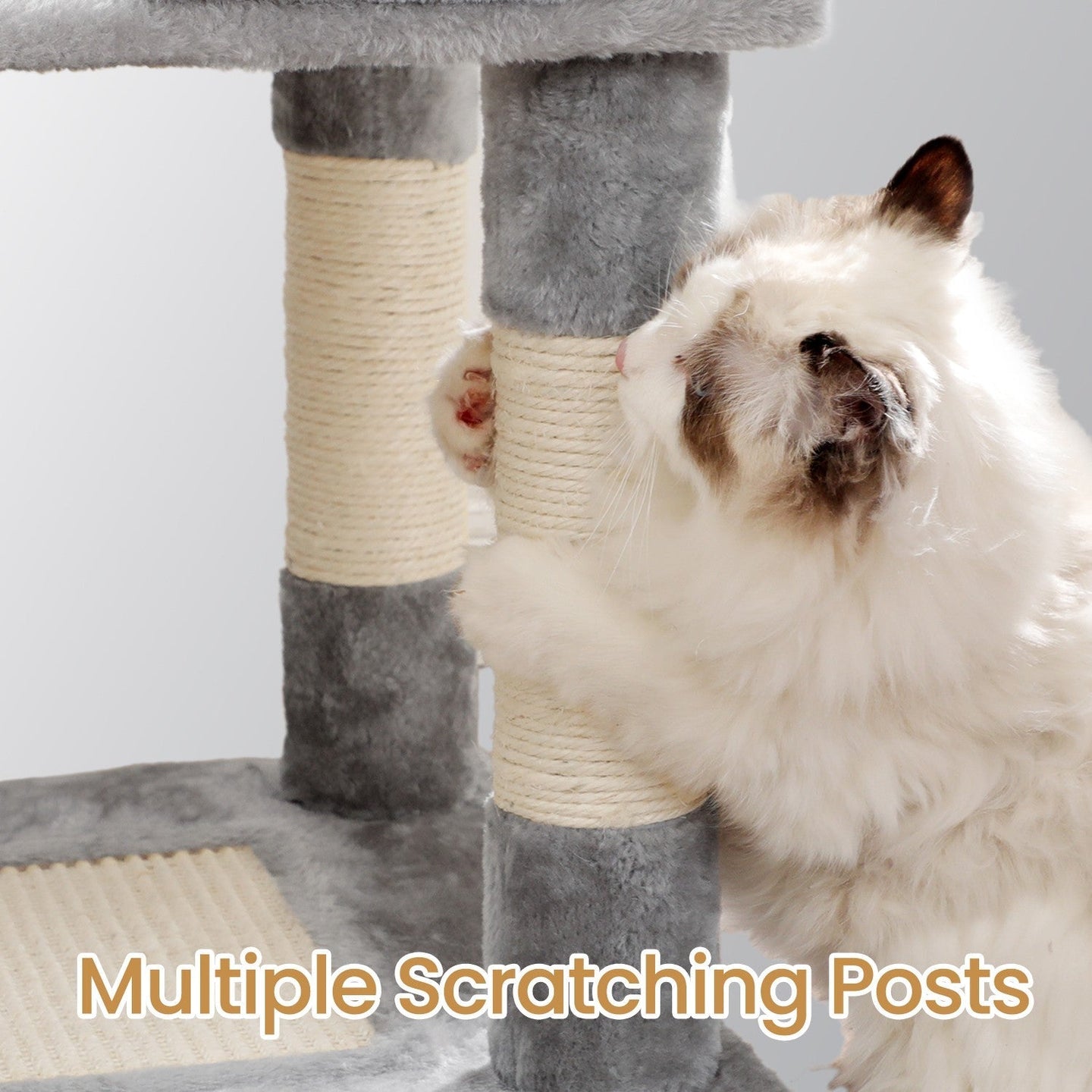 Cat Climbing Tower - Plush Fabric - Light Gray - Includes Condo and Play Basket
