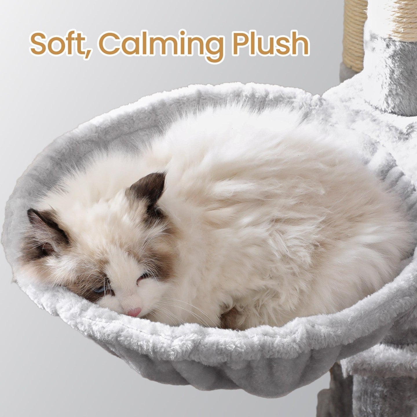 Cat Climbing Tower - Plush Fabric - Light Gray - Includes Condo and Play Basket