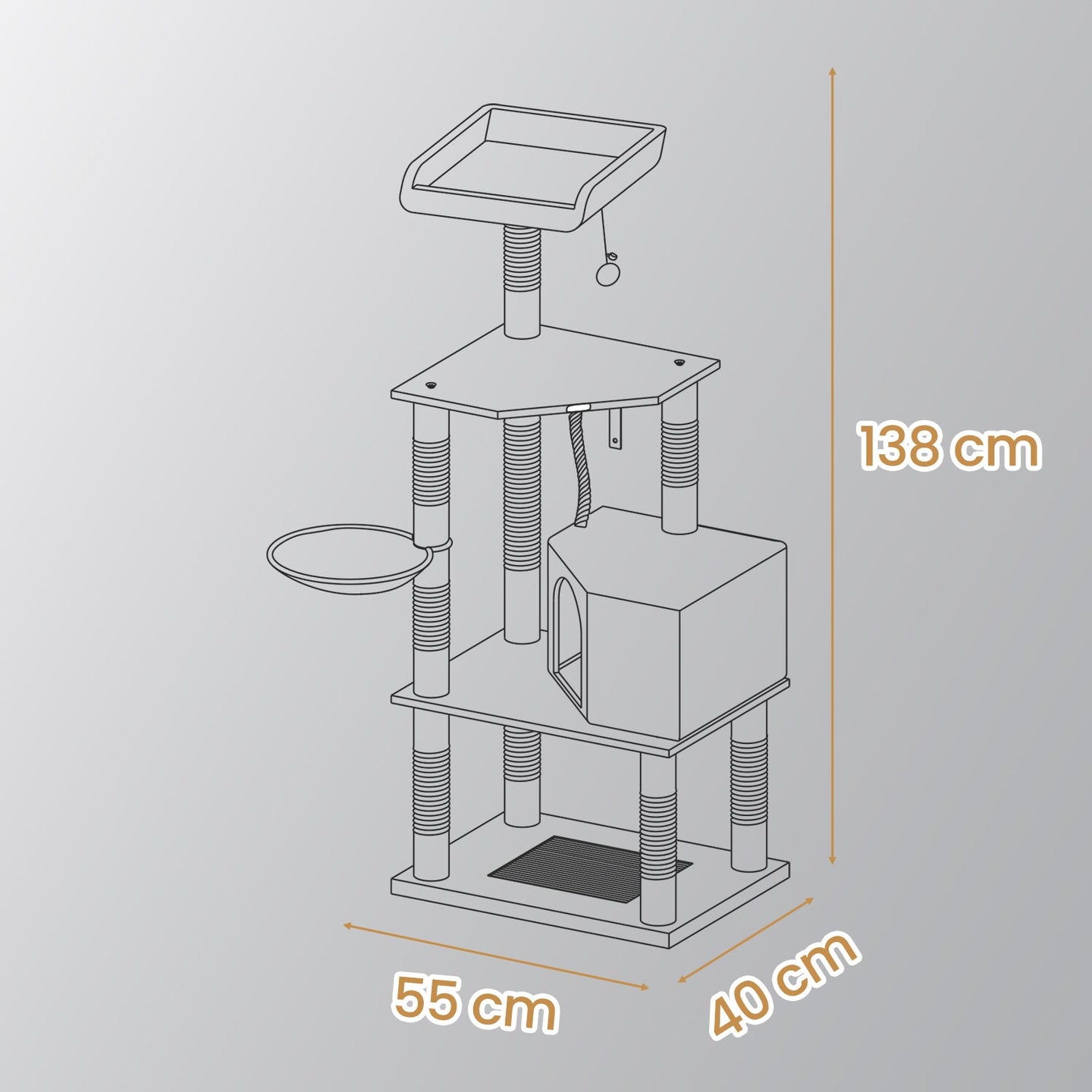 Cat Climbing Tower - Plush Fabric - Light Gray - Includes Condo and Play Basket