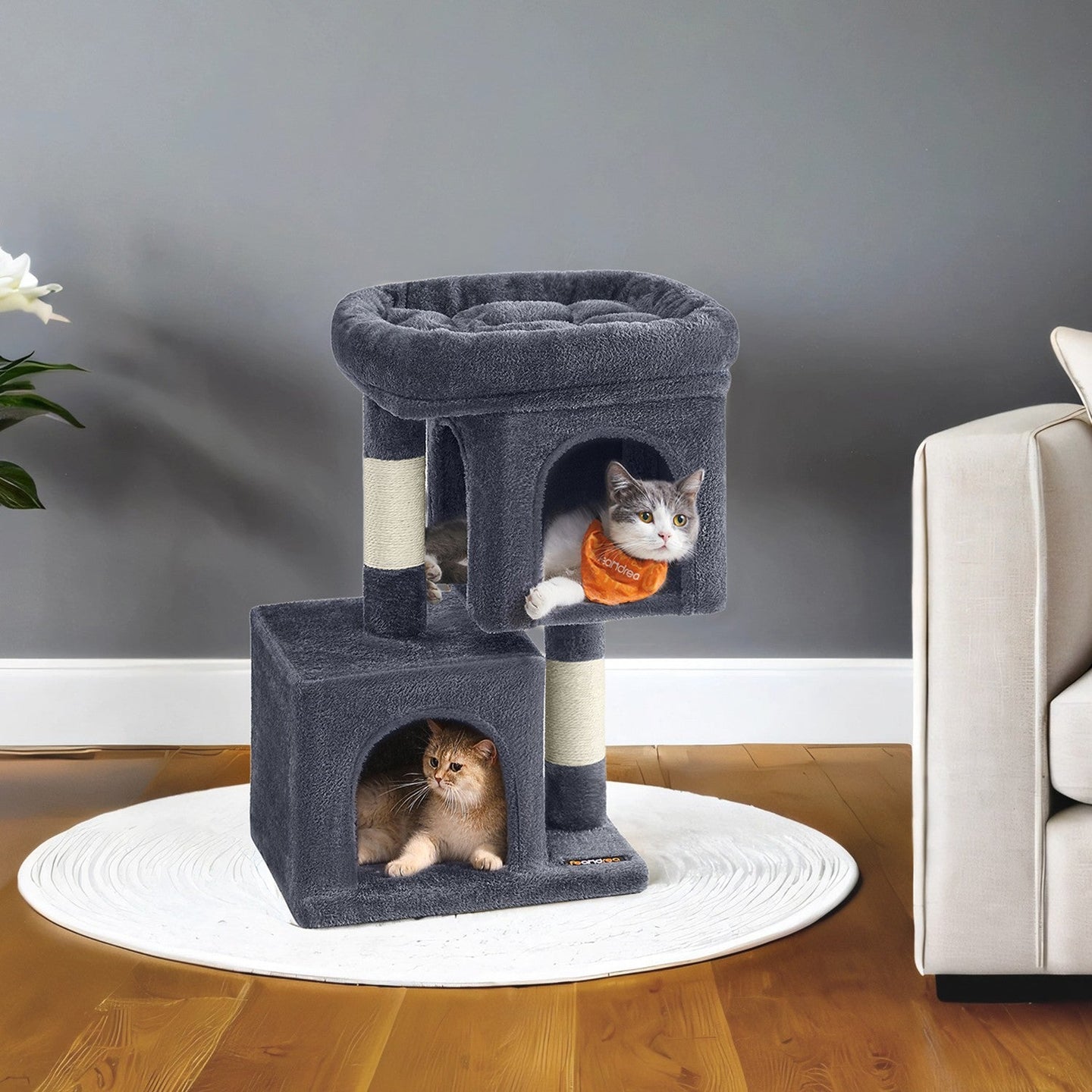 Cat Tree - Wood - Light Grey - Large Perch with Two Cat Caves and Scratching Post