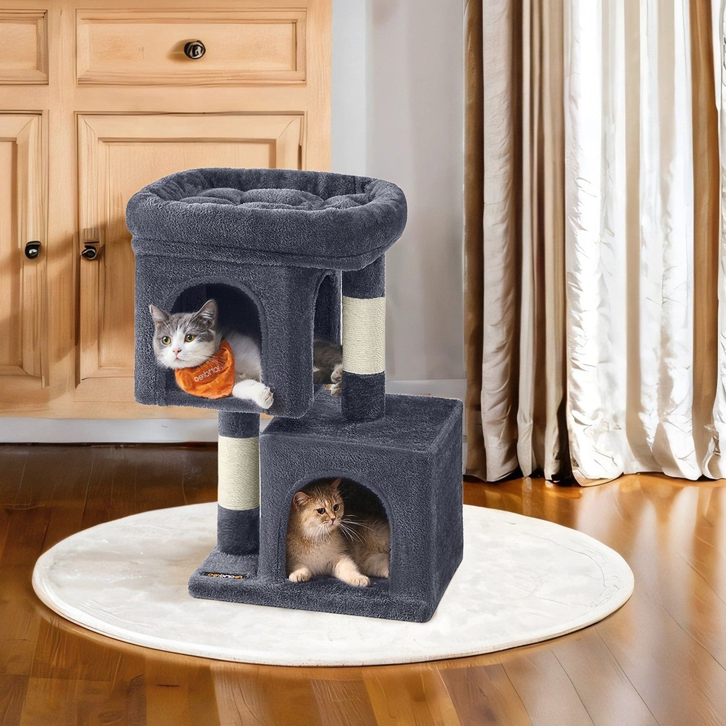 Cat Tree - Wood - Light Grey - Large Perch with Two Cat Caves and Scratching Post