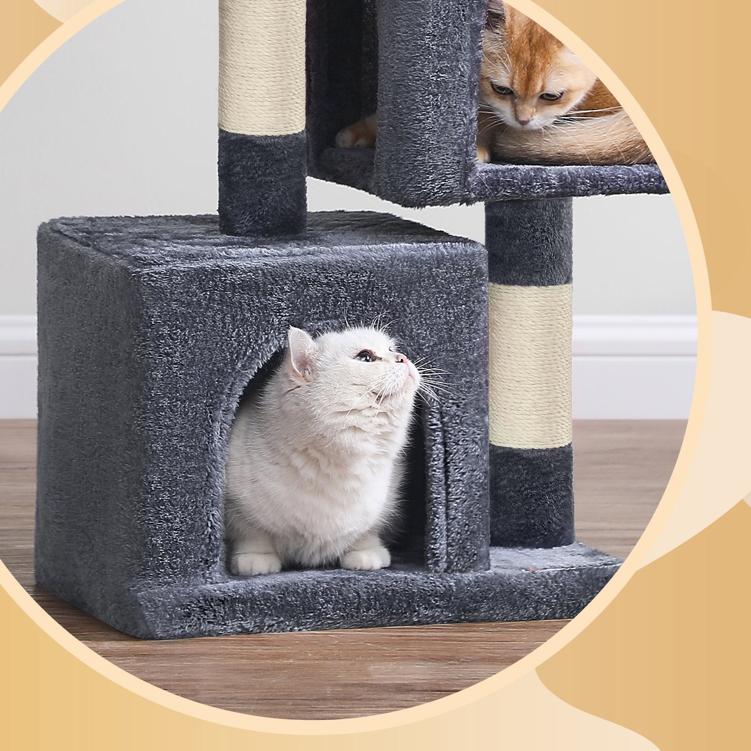 Cat Tree - Wood - Light Grey - Large Perch with Two Cat Caves and Scratching Post