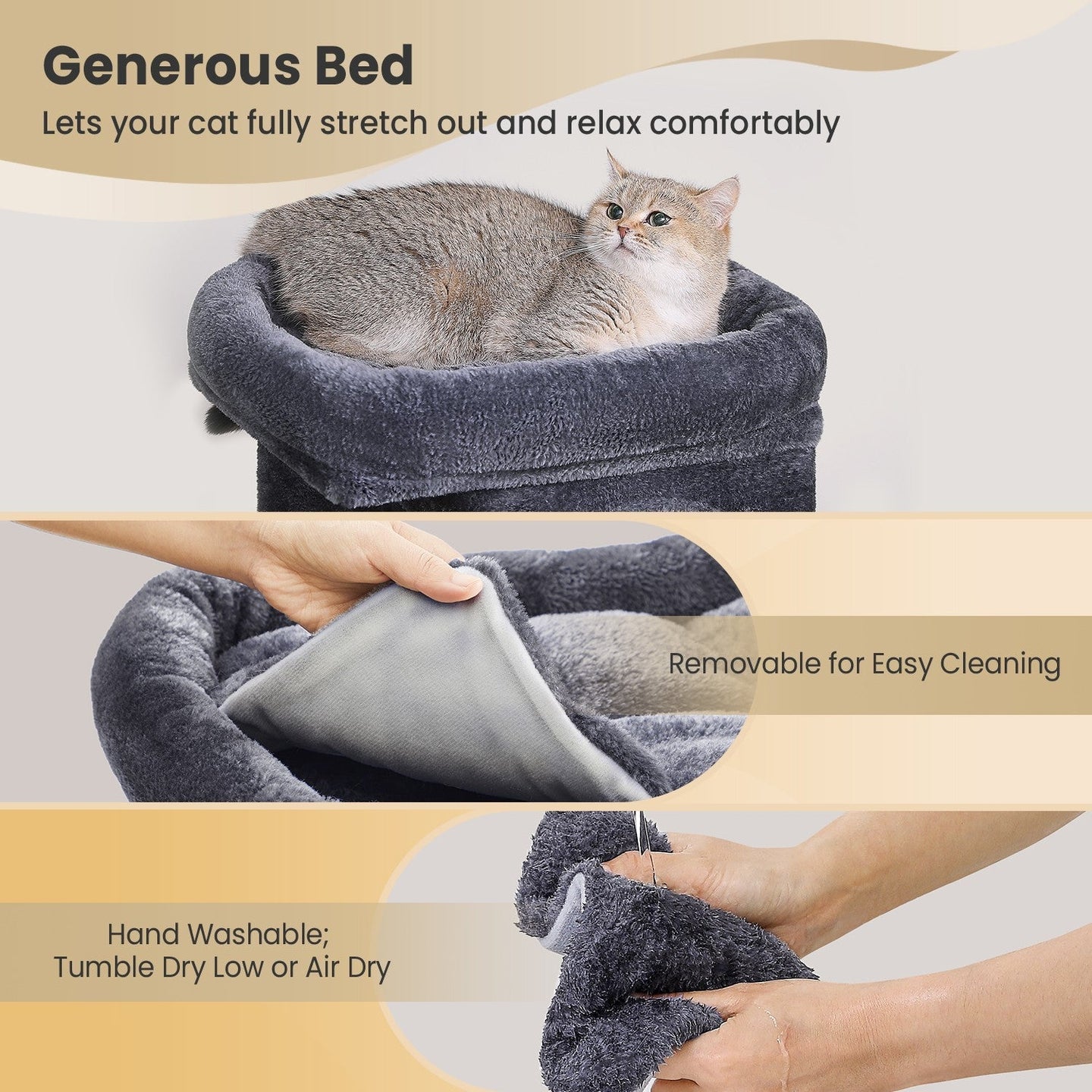 Cat Tree - Wood - Light Grey - Large Perch with Two Cat Caves and Scratching Post